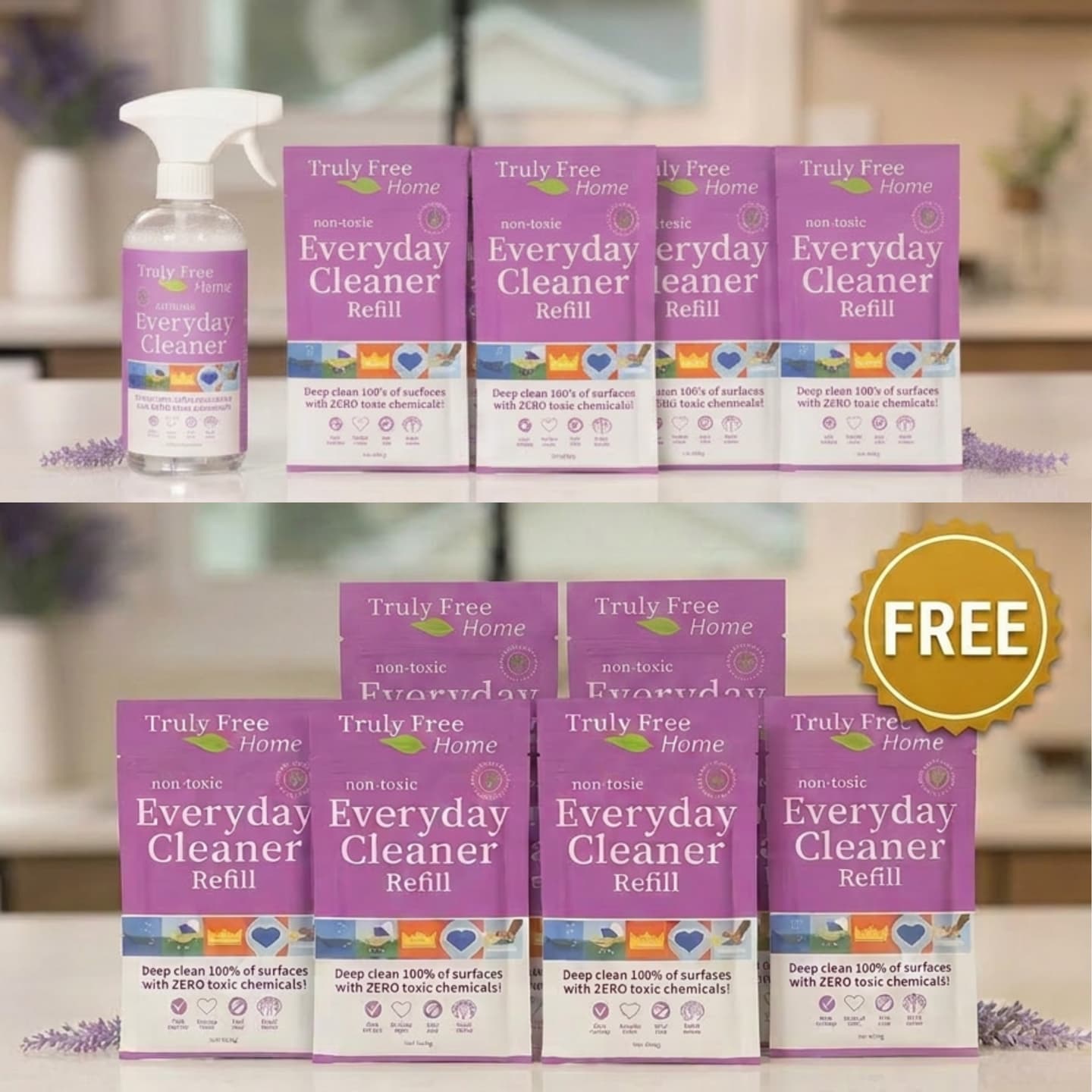 NEW Launch! BUY 4, GET 6 FREE Truly Free Non-Toxic Everyday Cleaner Lavender - Multipurpose Cleaner Spray, Kitchen Counter Cleaner
