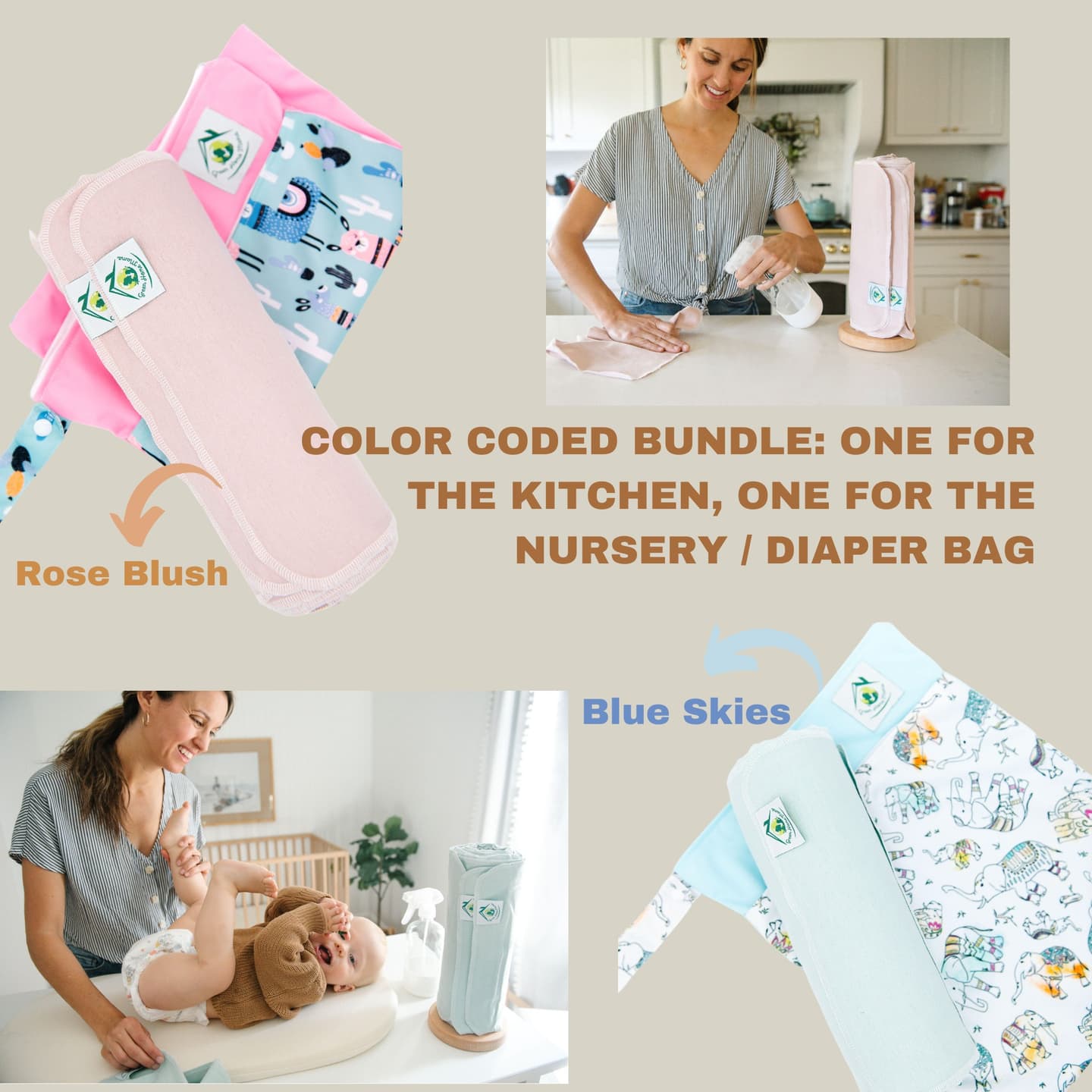 Green Home Mama Bundle Reusable Paper Towels / Baby Wipes / Napkins (29 Pack ea of Rose Blush, Blue Skies)