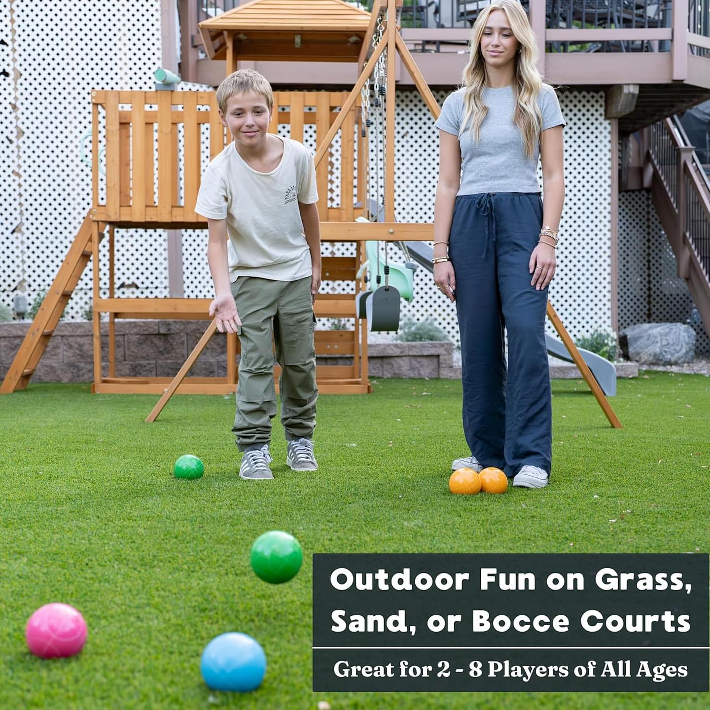 100mm Resin Bocce Ball Set Multicolor Balls w Pallino, Carry Bag, Measuring Tape - Perfect for Backyard, Beach, Parties, Lawn Games with Families & Friends, 2-8 Players Entertainment