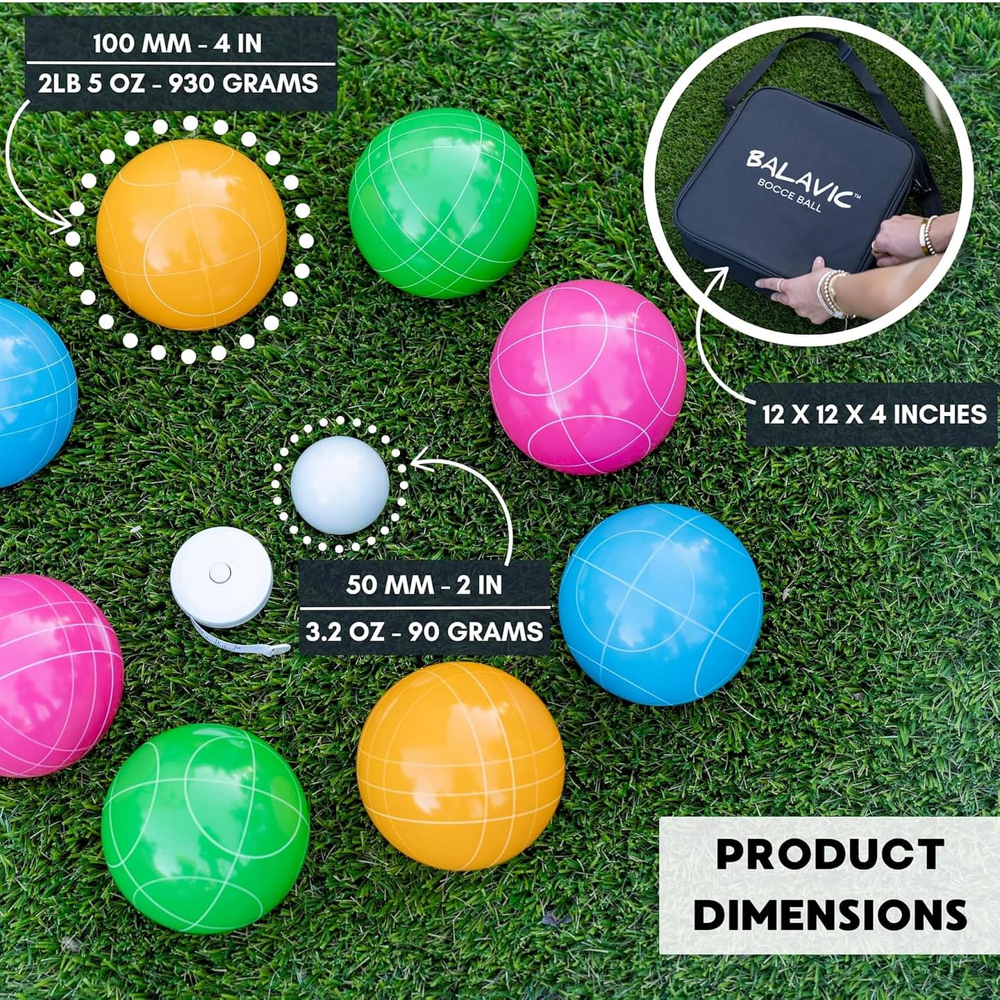 100mm Resin Bocce Ball Set Multicolor Balls w Pallino, Carry Bag, Measuring Tape - Perfect for Backyard, Beach, Parties, Lawn Games with Families & Friends, 2-8 Players Entertainment