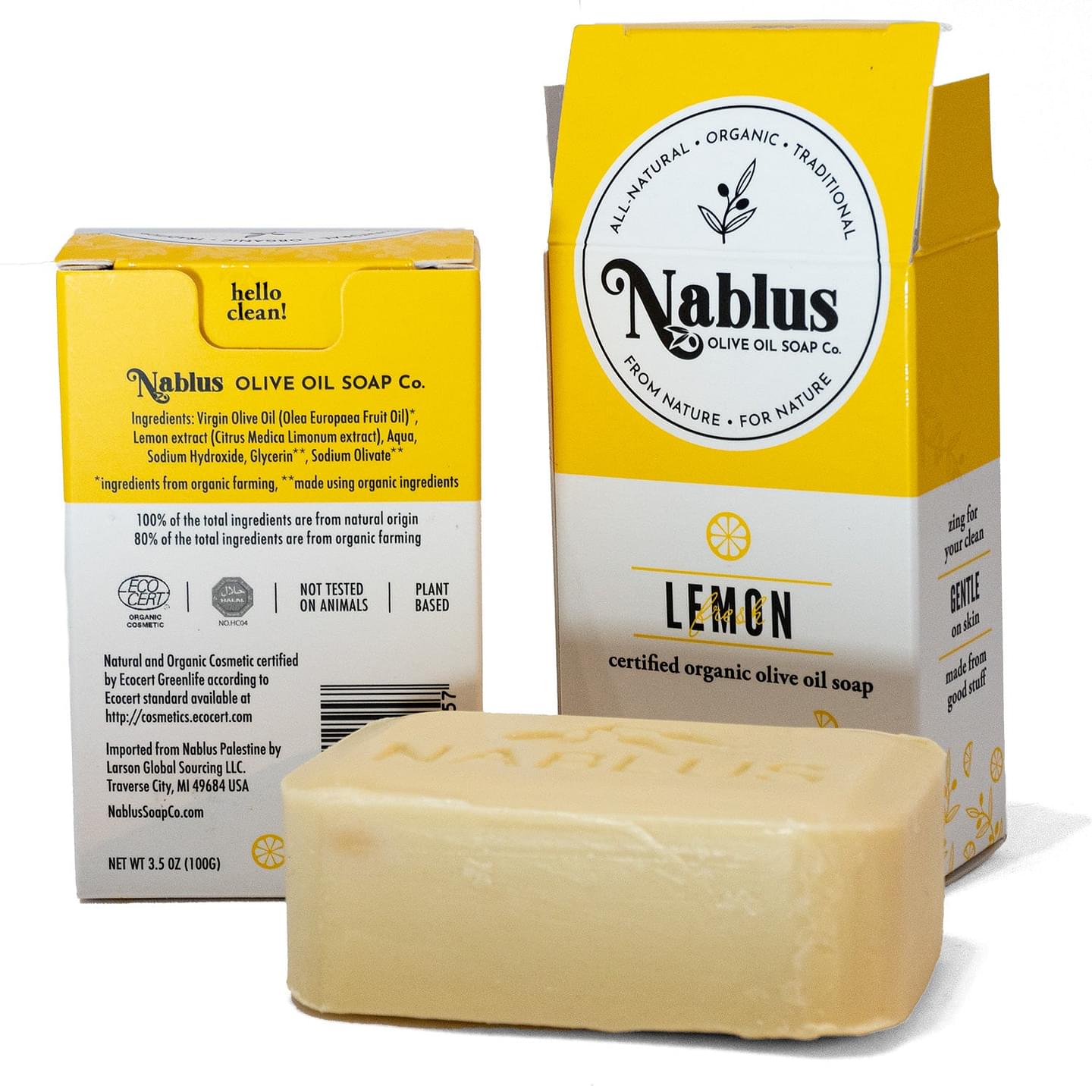 2 Pack Nablus 100% Certified Organic Lemon Olive Oil Enriched with Goat’s Milk Soap Whole Body & Hair -Natural and Organic Cosmetic certified-Halal Certified Not Tested on Animals- For Men and Women