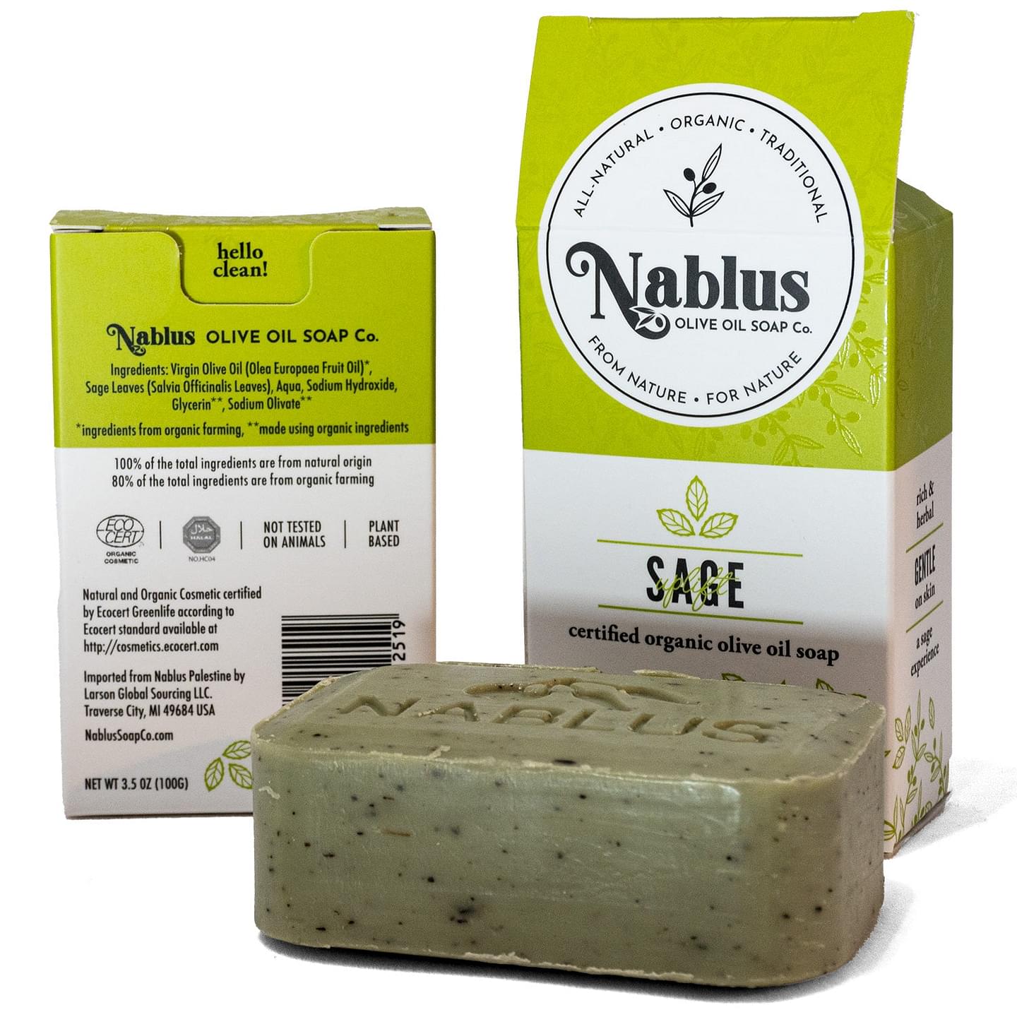 2 Pack Nablus 100% Certified Organic Sage Olive Oil Enriched with Goat’s Milk Soap Whole Body & Hair -Natural and Organic Cosmetic certified-Halal Certified Not Tested on Animals- For Men and Women