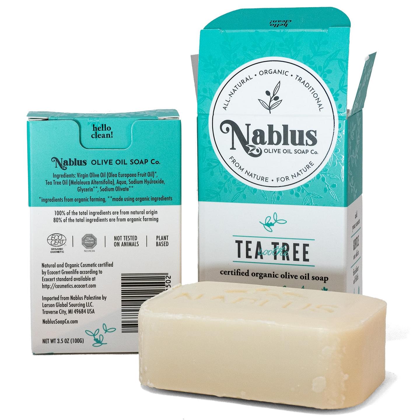 2 Pack Nablus 100% Certified Organic Tea Tree Olive Oil Enriched with Goat’s Milk Soap Whole Body & Hair -Natural and Organic Cosmetic certified-Halal Certified Not Tested on Animals- For Men and Women