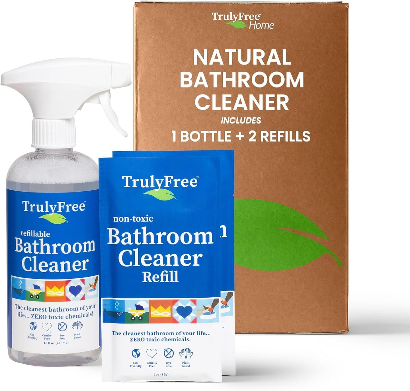 2-Pack TrulyFree Bathroom Cleaner - Cleaning Spray, for Toilet, Sink, Tub, Shower - Includes: 16-oz Spray Bottle, One refill pouch used for initial fill and one pouch for Refill when needed (3 oz) Starter Kit