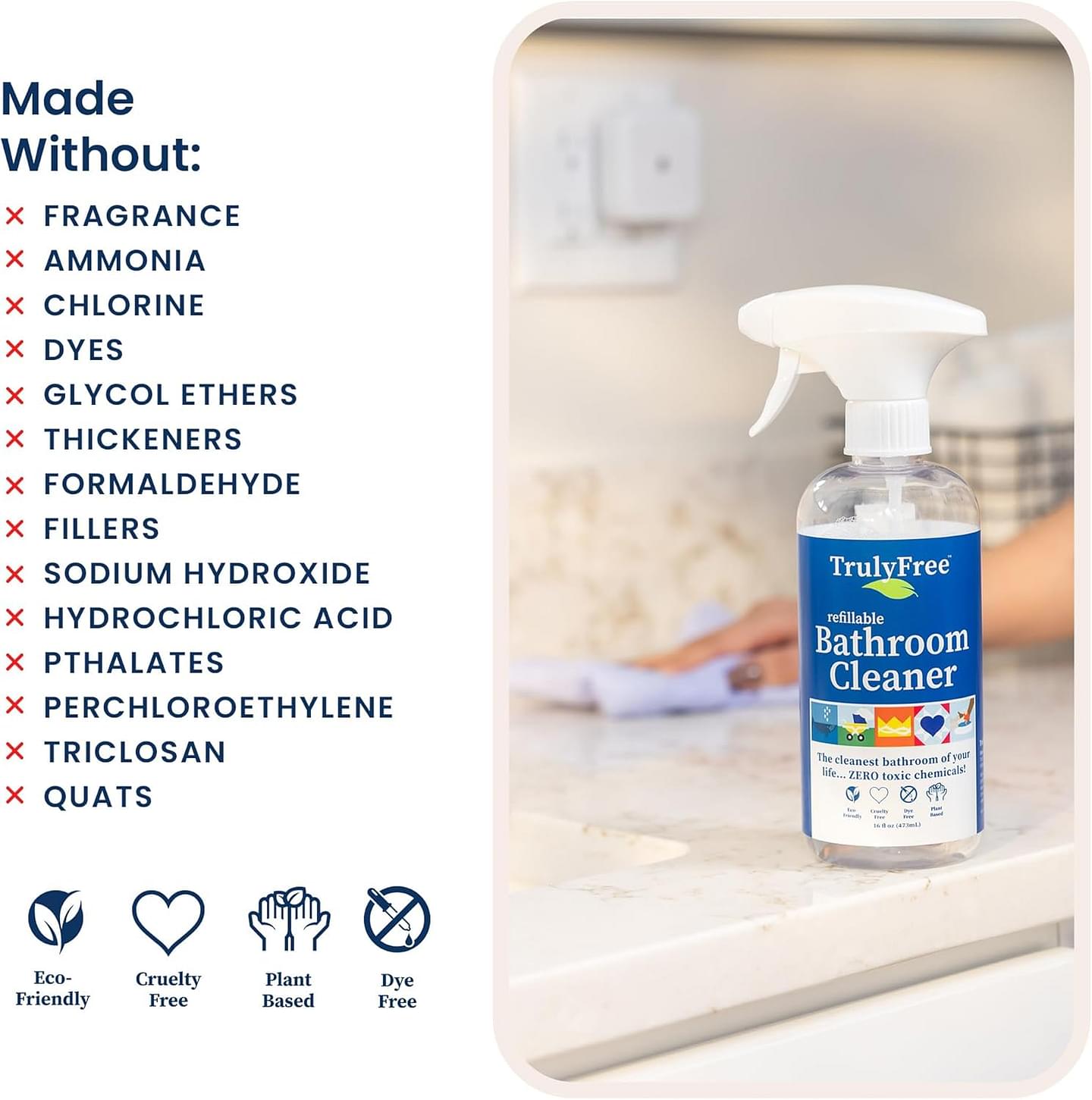 2-Pack TrulyFree Bathroom Cleaner - Cleaning Spray, for Toilet, Sink, Tub, Shower - Includes: 16-oz Spray Bottle, One refill pouch used for initial fill and one pouch for Refill when needed (3 oz) Starter Kit