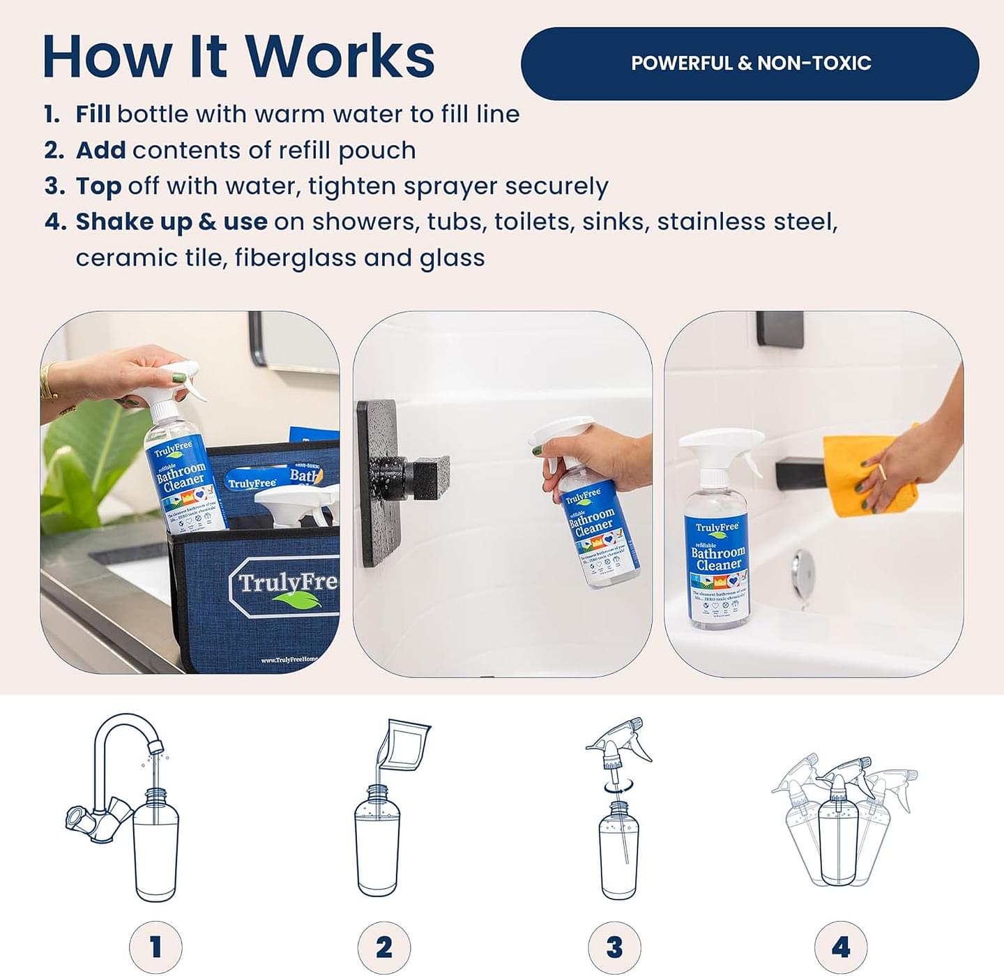 2-Pack TrulyFree Bathroom Cleaner - Cleaning Spray, for Toilet, Sink, Tub, Shower - Includes: 16-oz Spray Bottle, One refill pouch used for initial fill and one pouch for Refill when needed (3 oz) Starter Kit
