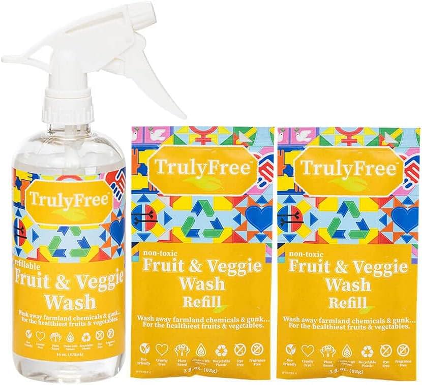 2-Pack TrulyFree Natural Fruit and Veggie Wash - Organic Produce Vegetable and Fruit Wash - Includes: 1 Empty Refillable Spray Bottle (16oz), Two Pouches (3 oz ea.) Starter Kit