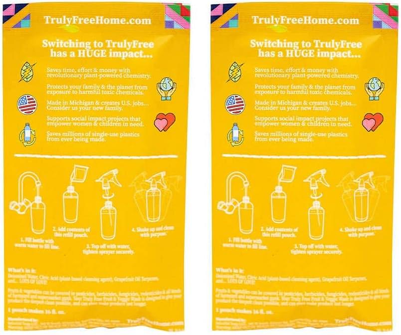 2-Pack TrulyFree Natural Fruit and Veggie Wash - Organic Produce Vegetable and Fruit Wash - Includes: 1 Empty Refillable Spray Bottle (16oz), Two Pouches (3 oz ea.) Starter Kit