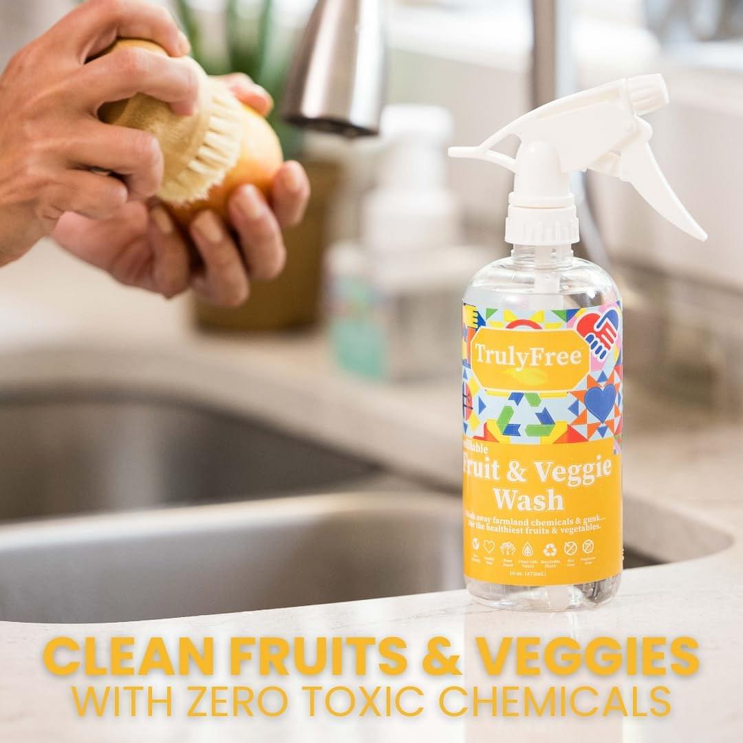 2-Pack TrulyFree Natural Fruit and Veggie Wash - Organic Produce Vegetable and Fruit Wash - Includes: 1 Empty Refillable Spray Bottle (16oz), Two Pouches (3 oz ea.) Starter Kit