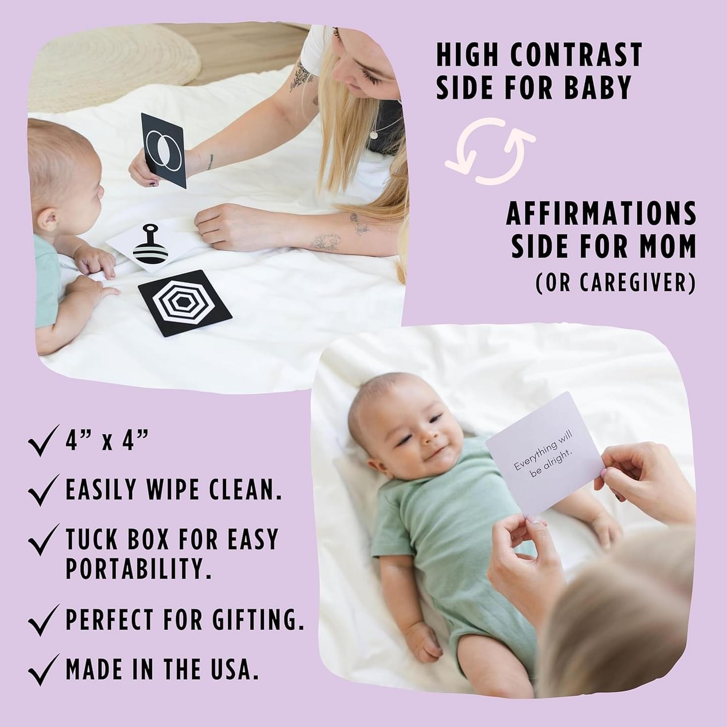 20 Double Sided Baby Contrast Cards & New Mom Affirmation Cards for Women | High Contrast Baby Toys for Newborn | Black and White Toys for Infants 0-6 Months | Affirmations for Kids & Caregivers