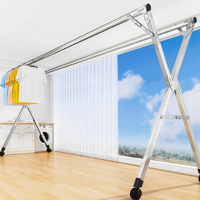 2X 2.0m Portable Standing Clothes Drying Rack Foldable Space-Saving Laundry Holder with Wheels