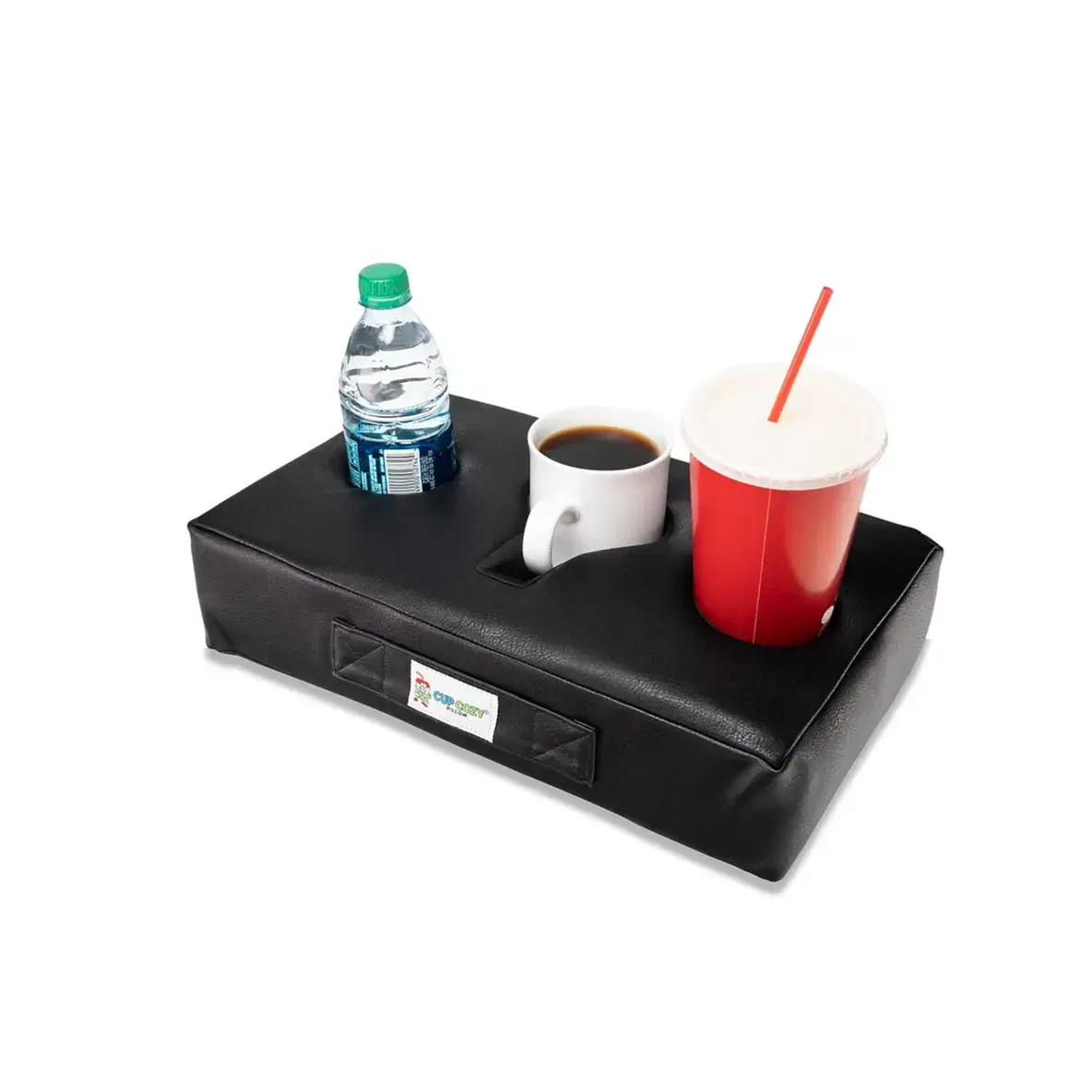 Cup-Cozy-Pillow-3-Hole-Black-Faux-Leather