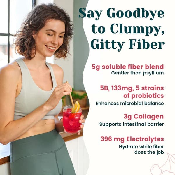 4-in-1 Fiber Supplement - Cherry - Daily Fiber Powder with Probiotics, Collagen Peptides & Electrolytes for Gut Health, Digestion & Appetite Support