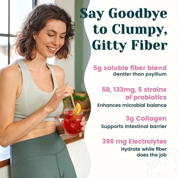 4-in-1 Fiber Supplement - Strawberry Lemonade - Advanced Gut Health Powder with Probiotics, Collagen Peptides & Electrolytes for Digestive Support, Appetite Control & Daily Wellness