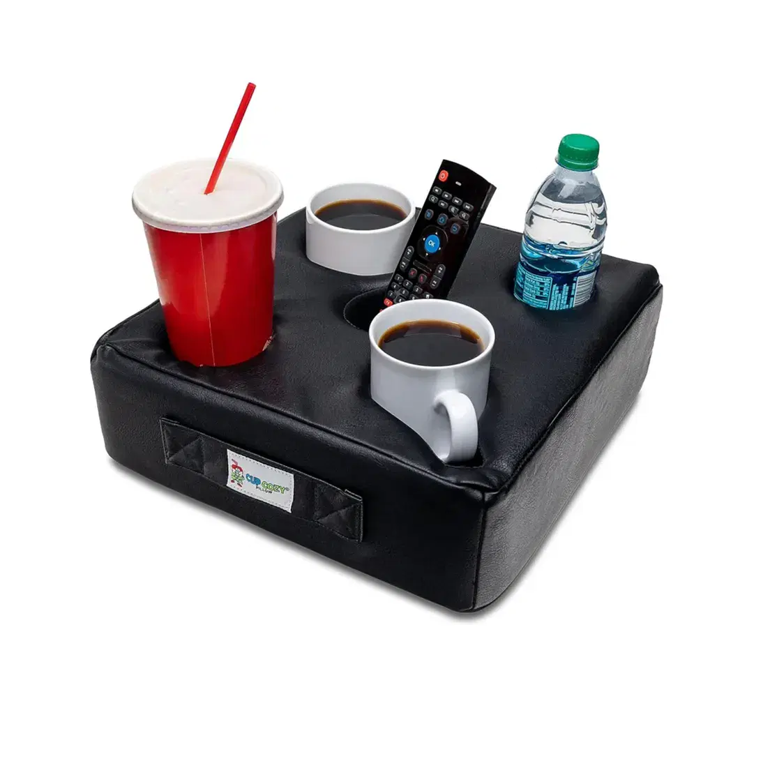 Cup-Cozy-Pillow-5-Hole-Black-Faux-Leather---As-Seen-on-TV-The-World-s-Best-Cup-Holder!-Keep-Drinks-Close-and-Safe-From-Spills.-Use-Anywhere-Couch,-Floor,-Bed,-Man-cave,-car,-RV,-Park,-Beach-and-More!