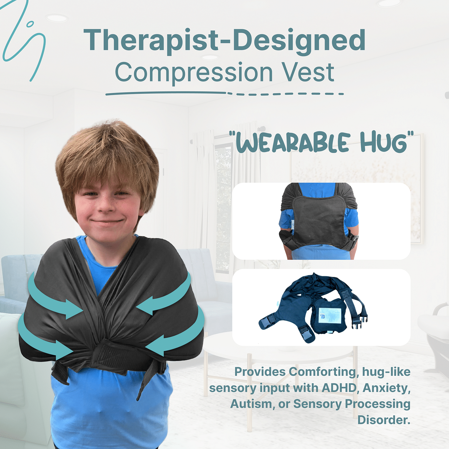 Abby & Noah Compression Vest for Kids with Autism, ADHD, Anxiety, and Sensory Issues - Deep Pressure Sensory Calming Vest - Adjustable Sensory Clothing (Alternative to Weighted Vest) (Black)