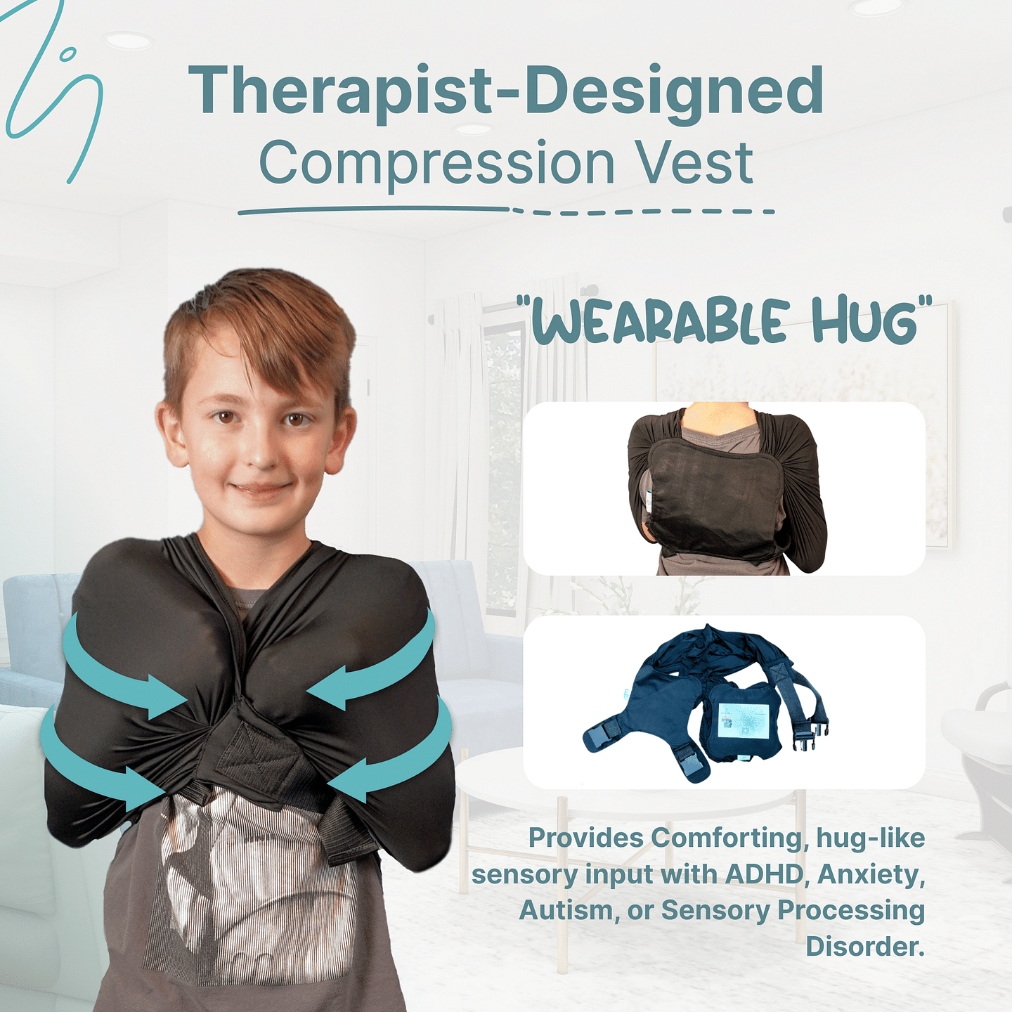 Abby & Noah Compression Vest for Kids with Autism, ADHD, Anxiety, and Sensory Issues - Deep Pressure Sensory Calming Vest - Adjustable Sensory Clothing (Alternative to Weighted Vest) (Black)