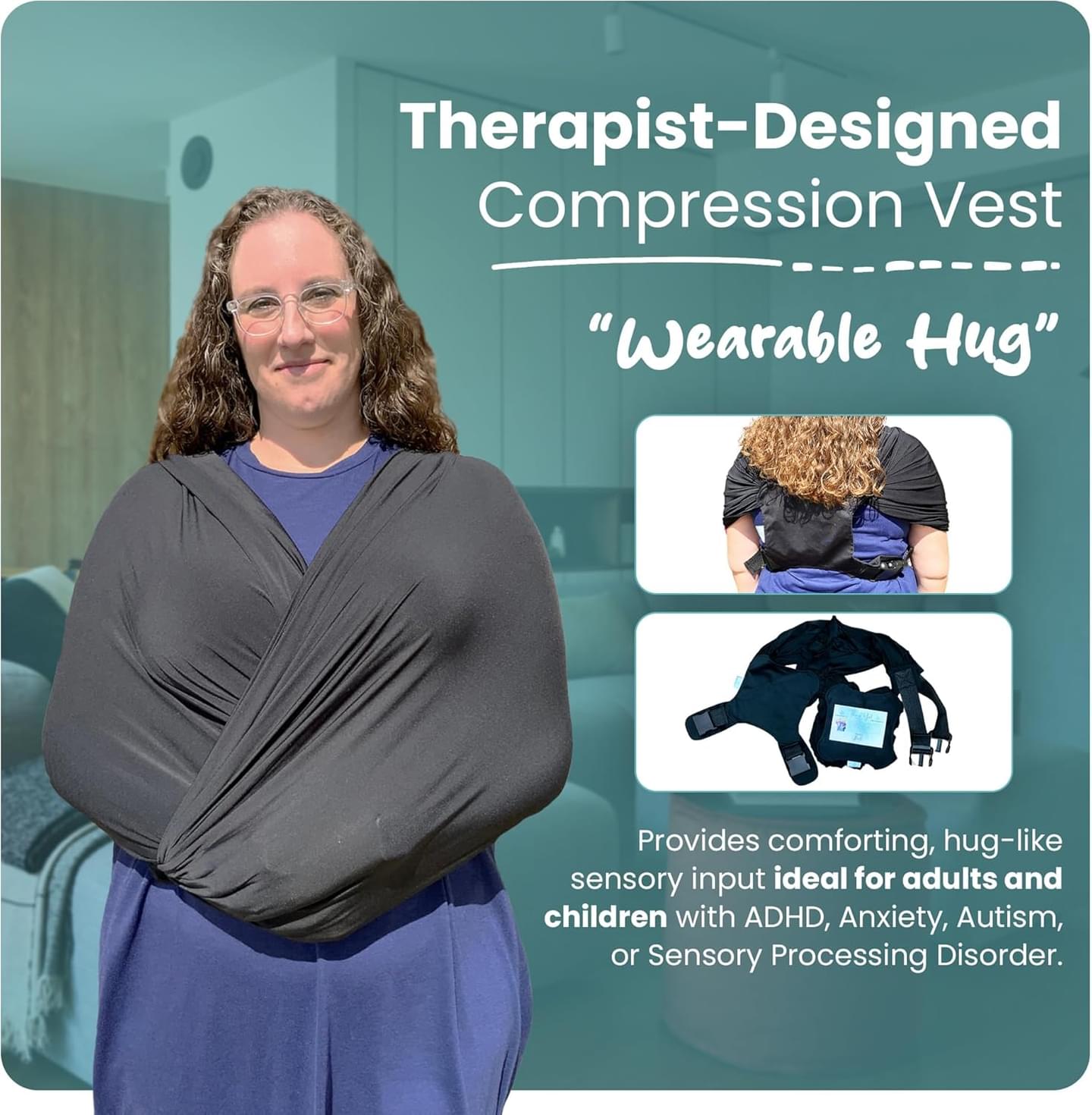 Abby & Noah Sensory Compression vest for Women & Men with Autism, ADHD, Anxiety, and Sensory Issues - Deep Pressure Calming Hug Adjustable Sensory Clothing (Alternative to Weighted Hug) (Black, Large) Adult-Large