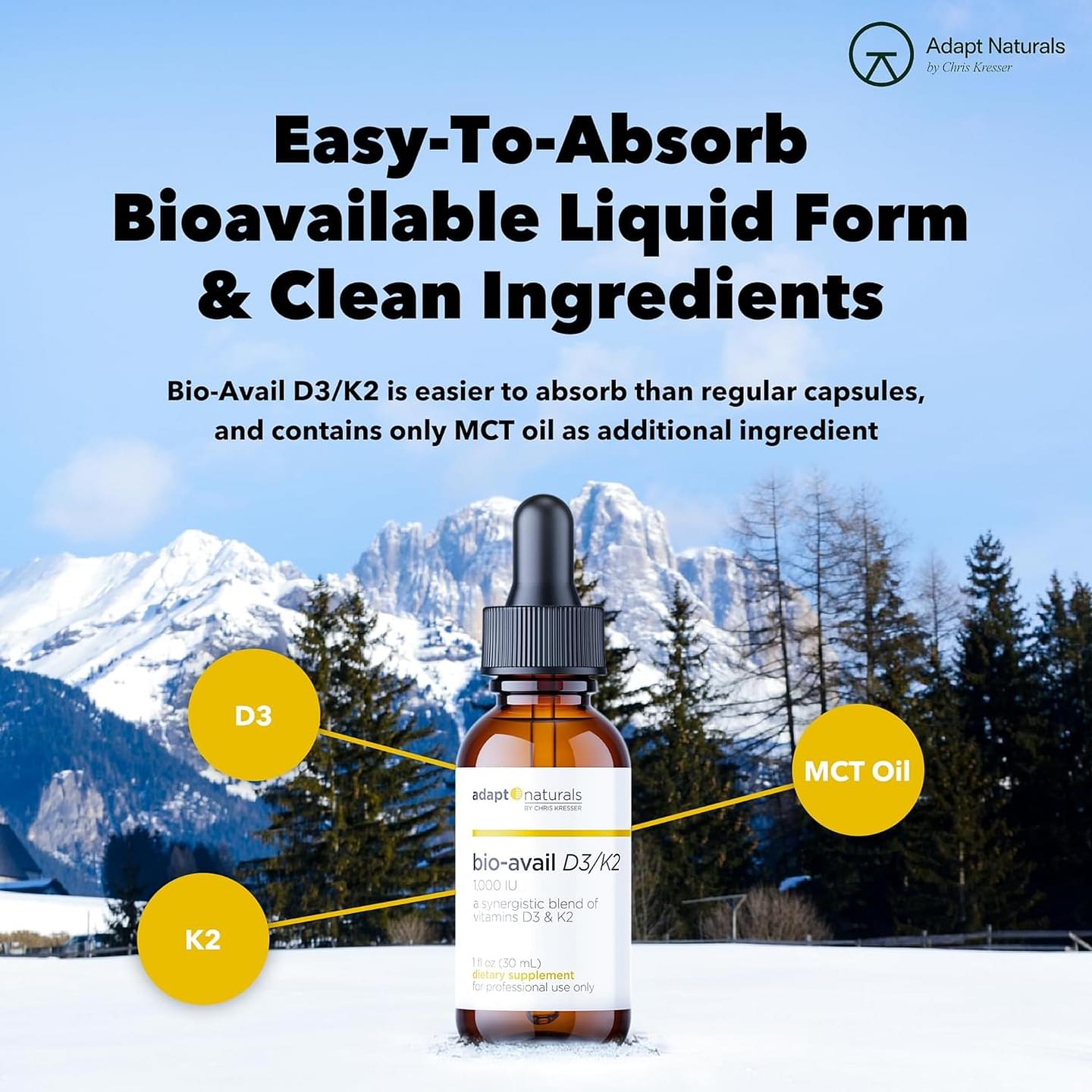 Adapt Naturals Bio-Avail D3/K2 - Vitamin D3 + Vitamin K2 MK-4 in Bioavailable Liquid Form w/MCT Oil, 1,000 IU/120 mcg - Support Cardiovascular, Metabolic, Bone, Brain, Immunity -1 FL Oz, 600 Servings