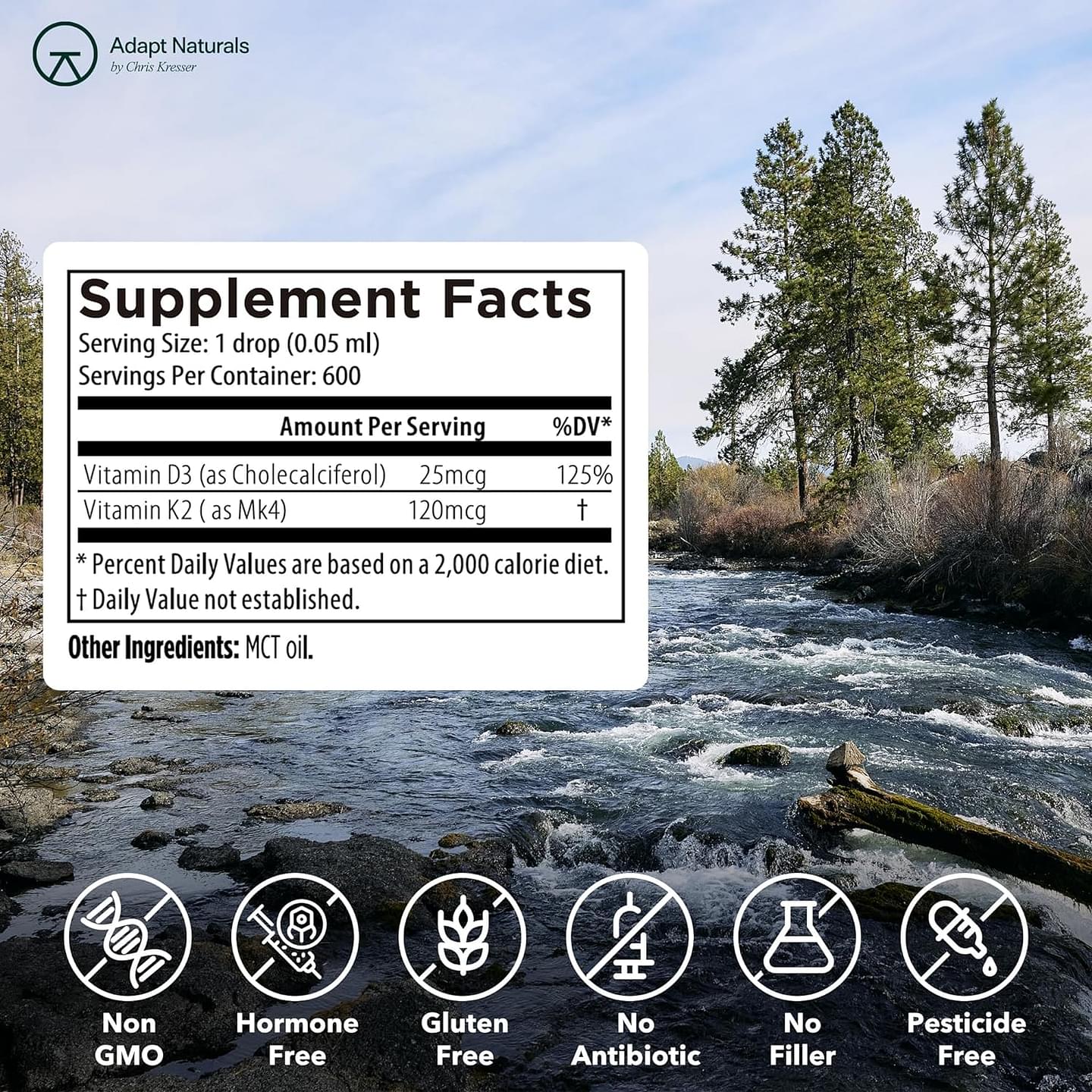 Adapt Naturals Bio-Avail D3/K2 - Vitamin D3 + Vitamin K2 MK-4 in Bioavailable Liquid Form w/MCT Oil, 1,000 IU/120 mcg - Support Cardiovascular, Metabolic, Bone, Brain, Immunity -1 FL Oz, 600 Servings