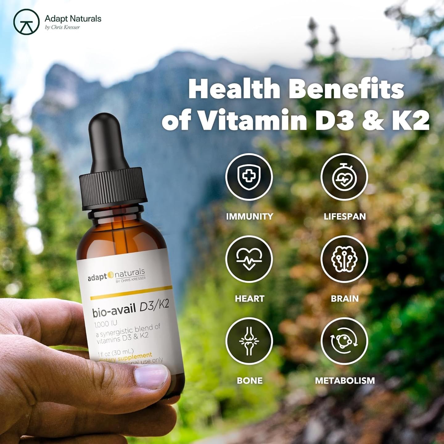 Adapt Naturals Bio-Avail D3/K2 - Vitamin D3 + Vitamin K2 MK-4 in Bioavailable Liquid Form w/MCT Oil, 1,000 IU/120 mcg - Support Cardiovascular, Metabolic, Bone, Brain, Immunity -1 FL Oz, 600 Servings
