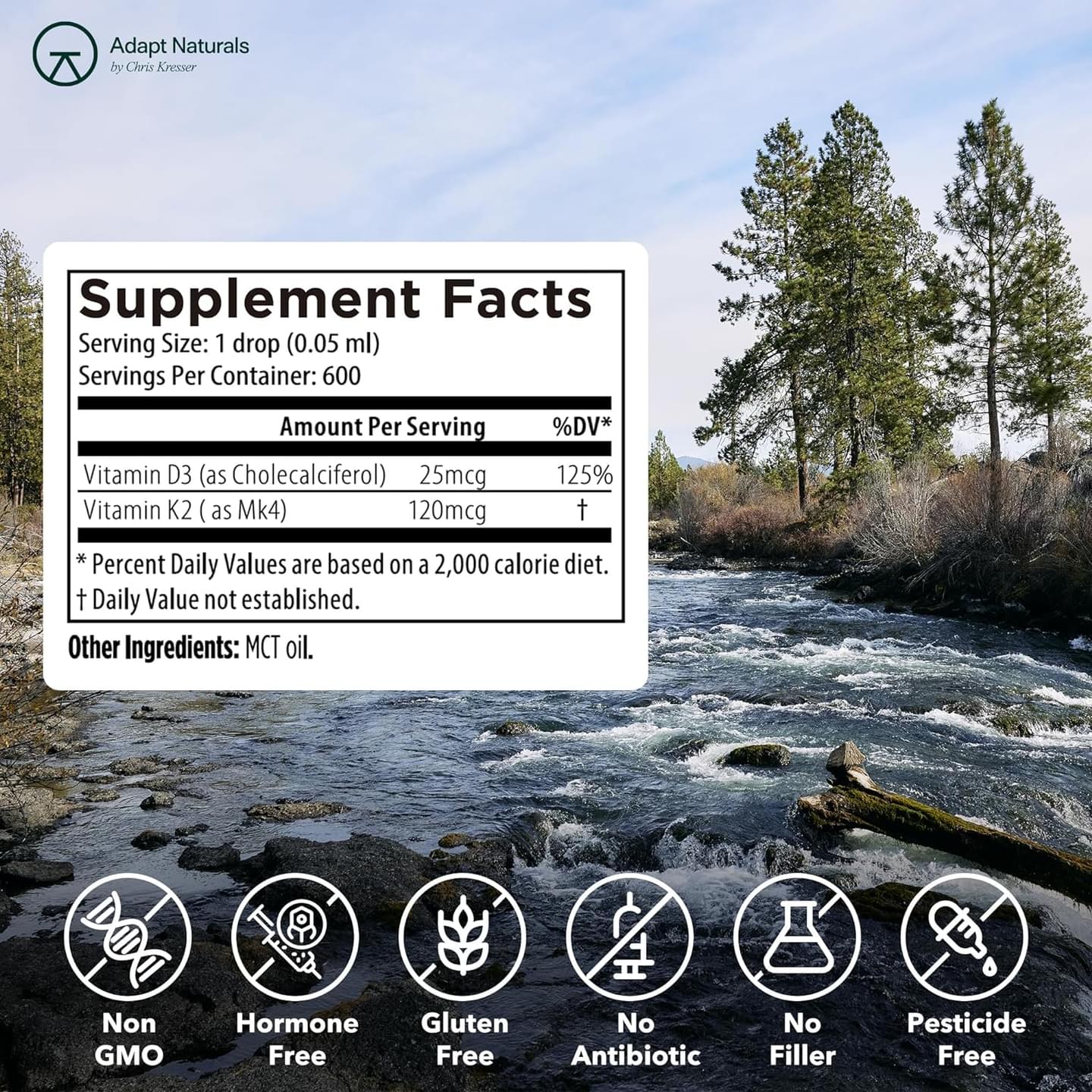 Adapt Naturals Bio-Avail D3/K2 - Vitamin D3 + Vitamin K2 MK-4 in Bioavailable Liquid Form w/MCT Oil, 1,000 IU/120 mcg - Support Cardiovascular, Metabolic, Bone, Brain, Immunity -1 FL Oz, 600 Servings