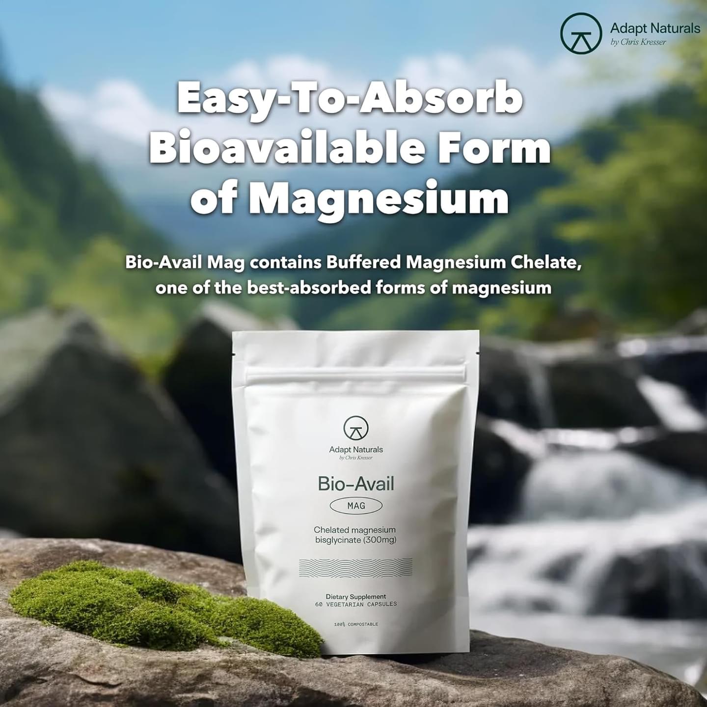 Adapt Naturals Bio-Avail Mag - Bioavailable High Absorption Magnesium Supplement - Chelated Magnesium Bisglycinate Capsules - Sleep, Stress Relief, Joint Support Supplement - 60 Capsules