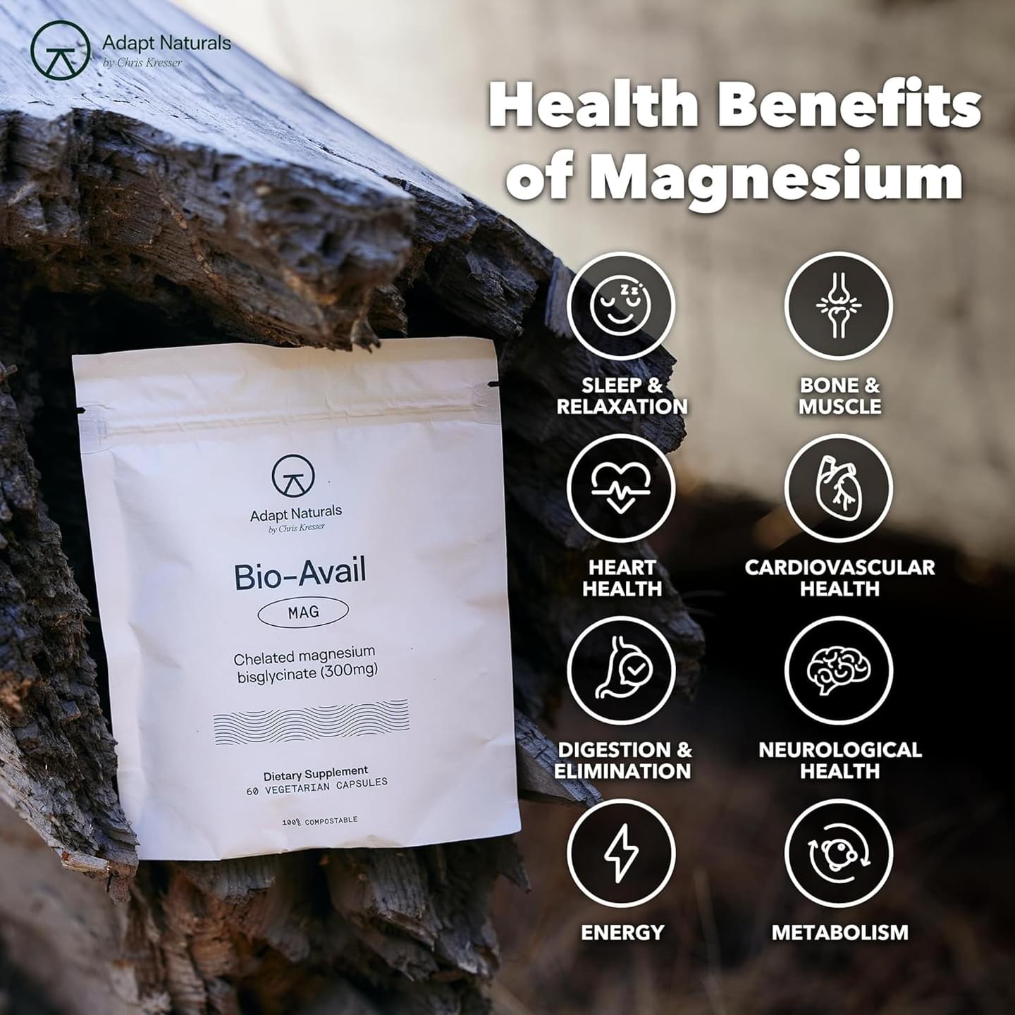 Adapt Naturals Bio-Avail Mag - Bioavailable High Absorption Magnesium Supplement - Chelated Magnesium Bisglycinate Capsules - Sleep, Stress Relief, Joint Support Supplement - 60 Capsules