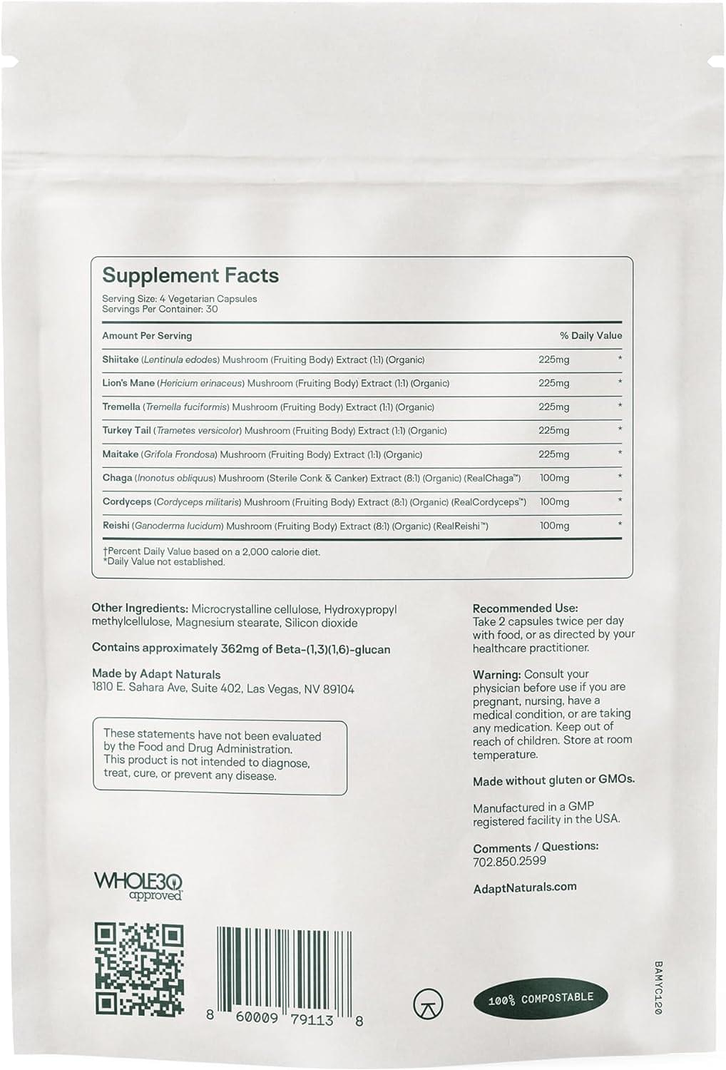 Adapt Naturals Bio-Avail Myco - 8-in-1 Bioavailable Mushroom Supplement Mushroom Complex - Chaga, Cordyceps, Reishi, Lions Mane - Blood Pressure, Memory, Immune - 120 Capsules