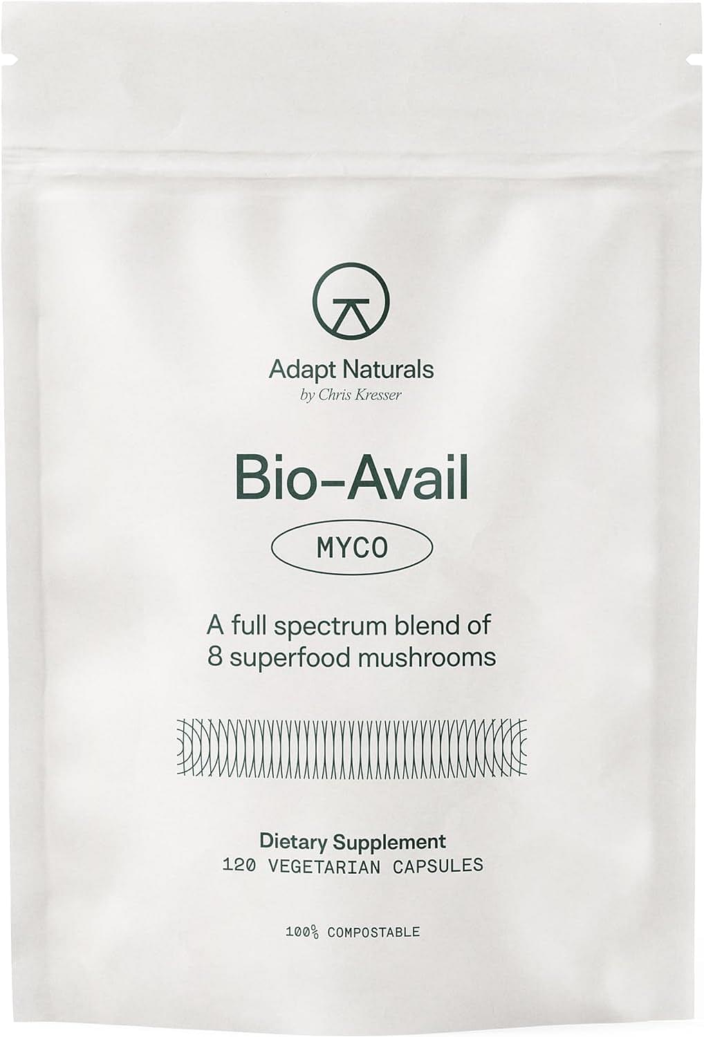Adapt Naturals Bio-Avail Myco - 8-in-1 Bioavailable Mushroom Supplement Mushroom Complex - Chaga, Cordyceps, Reishi, Lions Mane - Blood Pressure, Memory, Immune - 120 Capsules