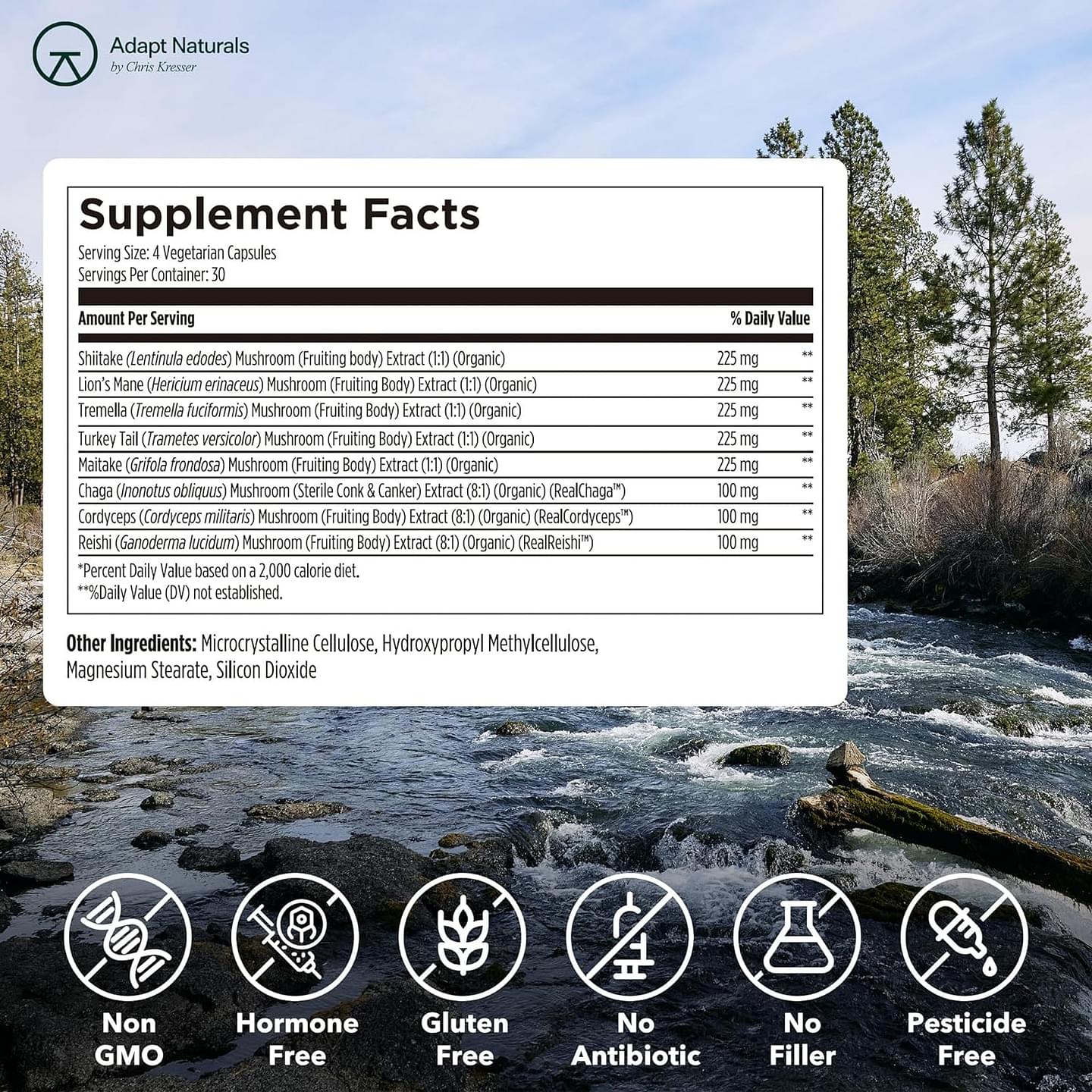 Adapt Naturals Bio-Avail Myco - 8-in-1 Bioavailable Mushroom Supplement Mushroom Complex - Chaga, Cordyceps, Reishi, Lions Mane - Blood Pressure, Memory, Immune - 120 Capsules