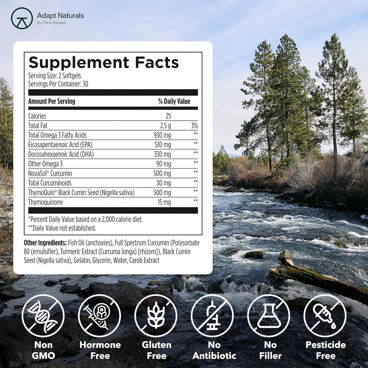 Adapt Naturals Bio-Avail Omega+ - Ultra-Pure Omega 3 Fish Oil + Curcumin + Black Seed Oil - 1,000 mg Fish Oil, 510 EPA + 330 DHA - Support Joint, Muscle, Heart, Immune - 60 Softgels