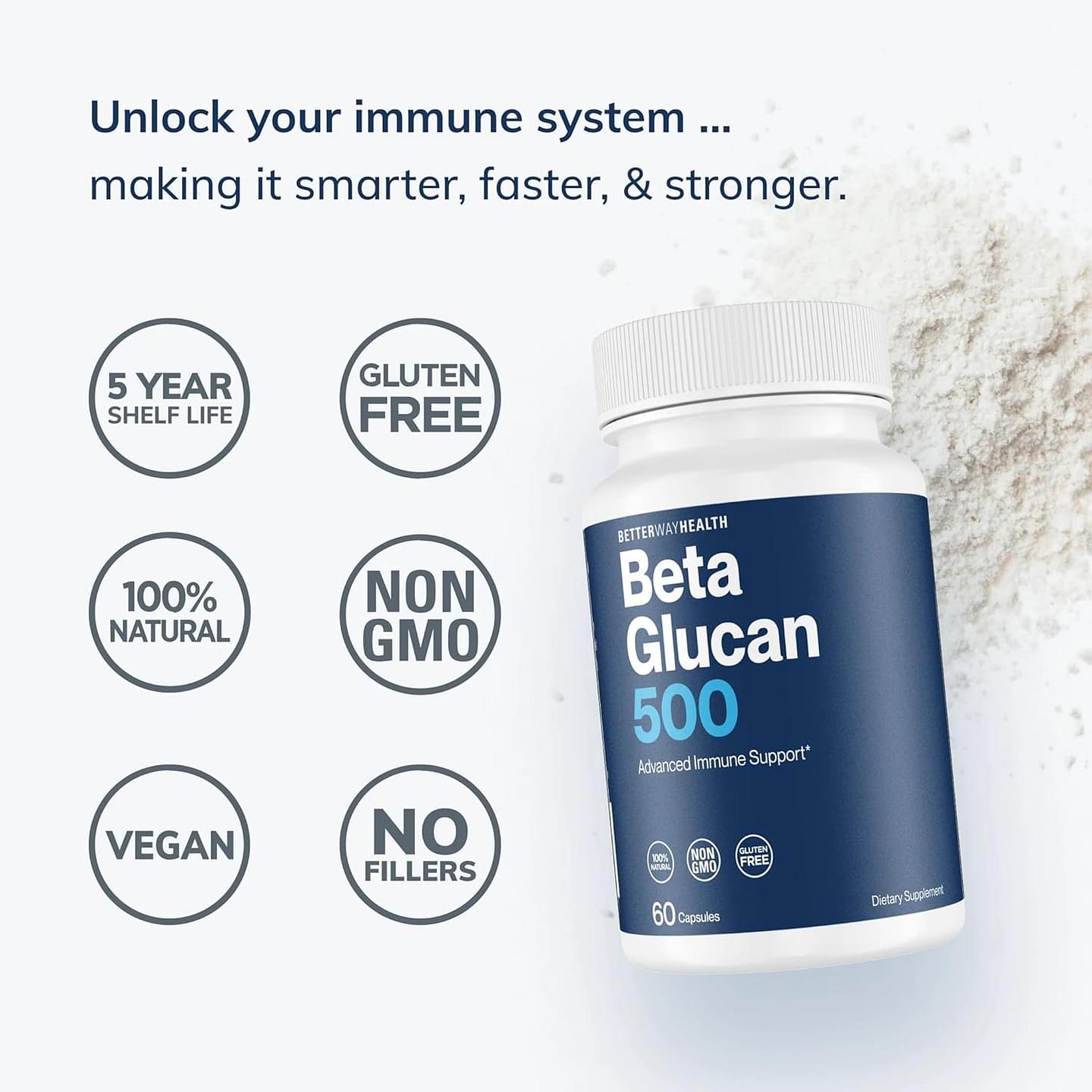 Advanced Immune Support Supplement by Better Way Health with Highly Purified Beta Glucan - Immune System Booster - 500mg 60 Caps (Pack of 1)