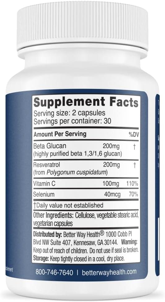 Advanced Immune Support Supplement by Better Way Health with Highly Purified Beta Glucan + Vitamin C, Resveratrol, and Selenium - Immune System Booster - 60 Caps (Pack of 1)