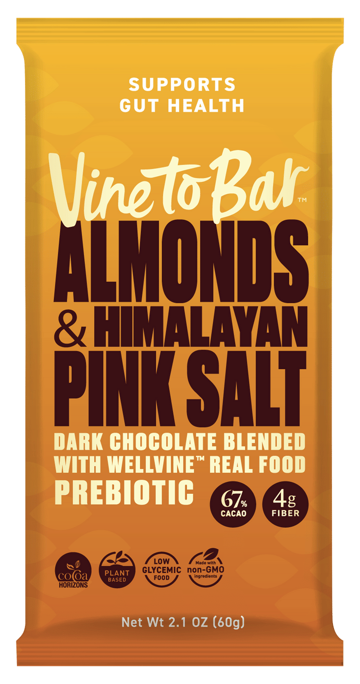 Almonds and Himalayan Pink Salt Dark Chocolate Bar - Premium 65% Dark Chocolate with Roasted Almonds, Himalayan Pink Salt and WellVine Grape Infusion