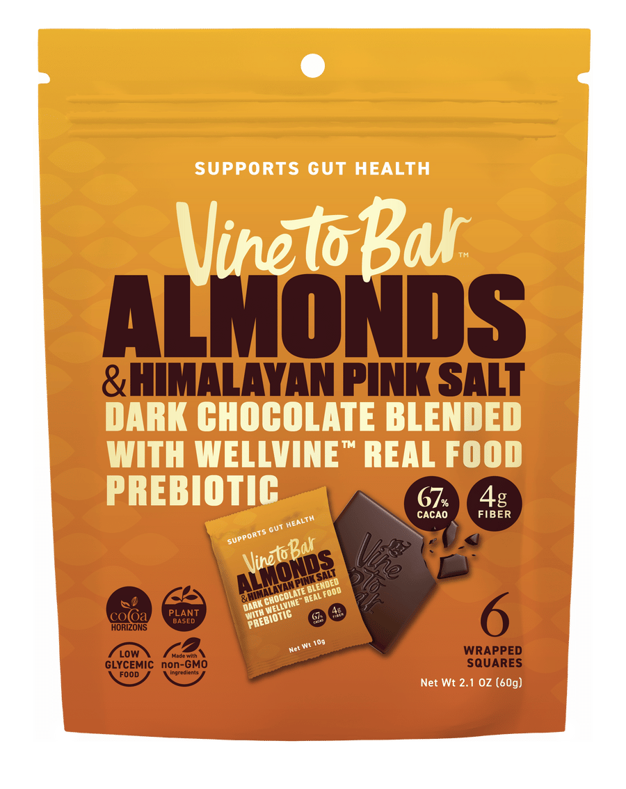 Almonds and Himalayan Pink Salt  Dark Chocolate Squares - Bite-Size Dark Chocolate Squares with Roasted Almonds, Pink Salt and WellVine Chardonnay Marc