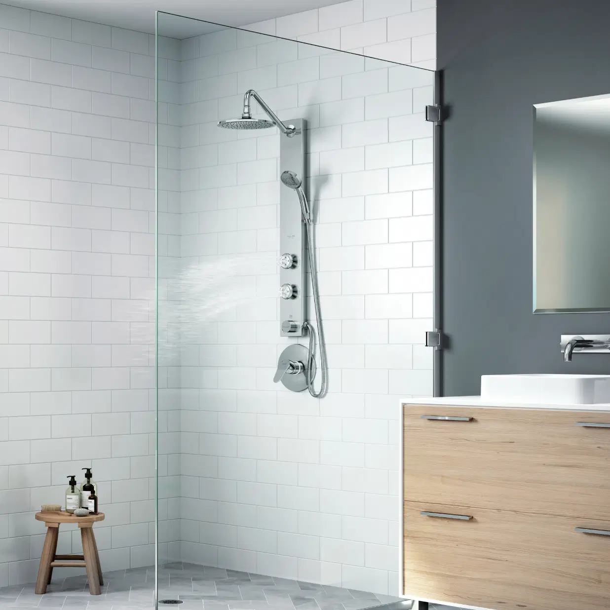 Aloha 8-in Rain Showerhead Shower System with 2-Body Jets and Multi-function Handshower Brushed Stainless Steel
