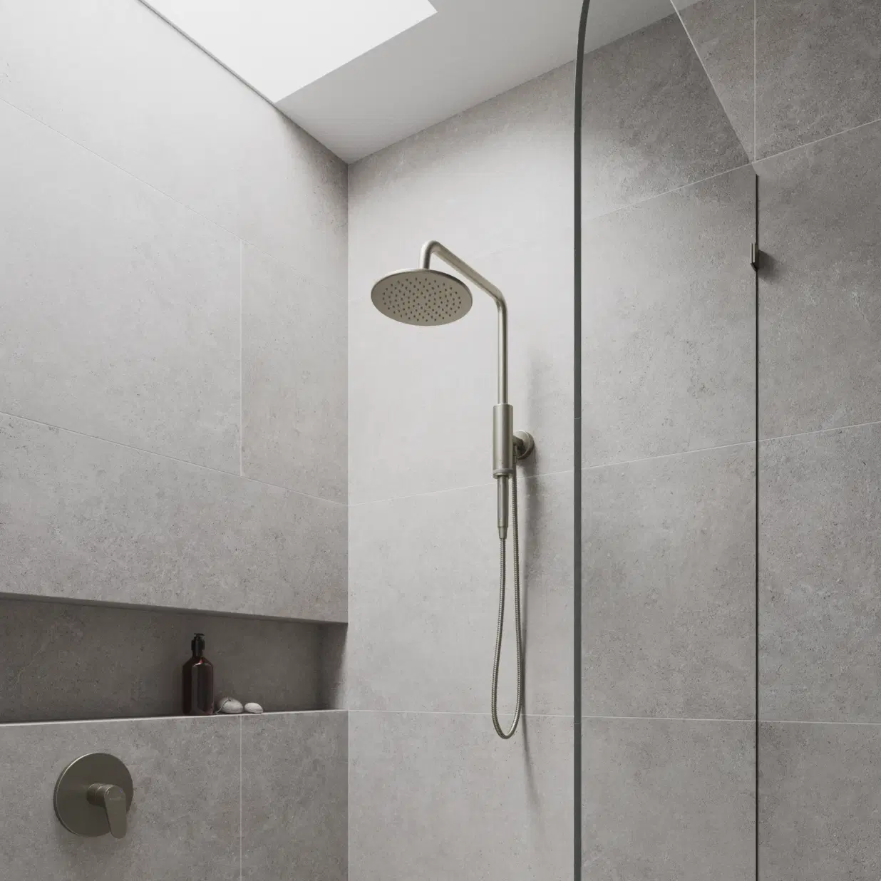 Aquarius 8-in Rain Showerhead Shower System with Pivoting Shower Arm and Magnetic Handshower Holder Brushed Nickel