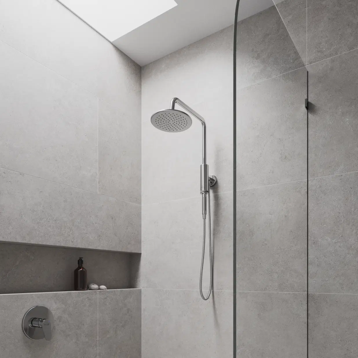 Aquarius 8-in Rain Showerhead Shower System with Pivoting Shower Arm and Magnetic Handshower Holder Chrome 1.8 GPM