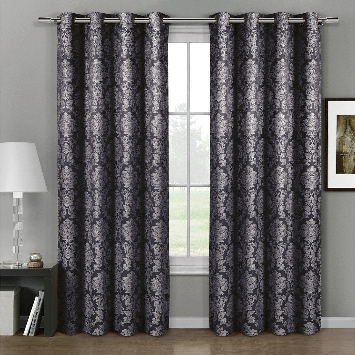 Aryanna Classic Damask Floral Curtains Jacquard Grommet Panels (Set of 2)