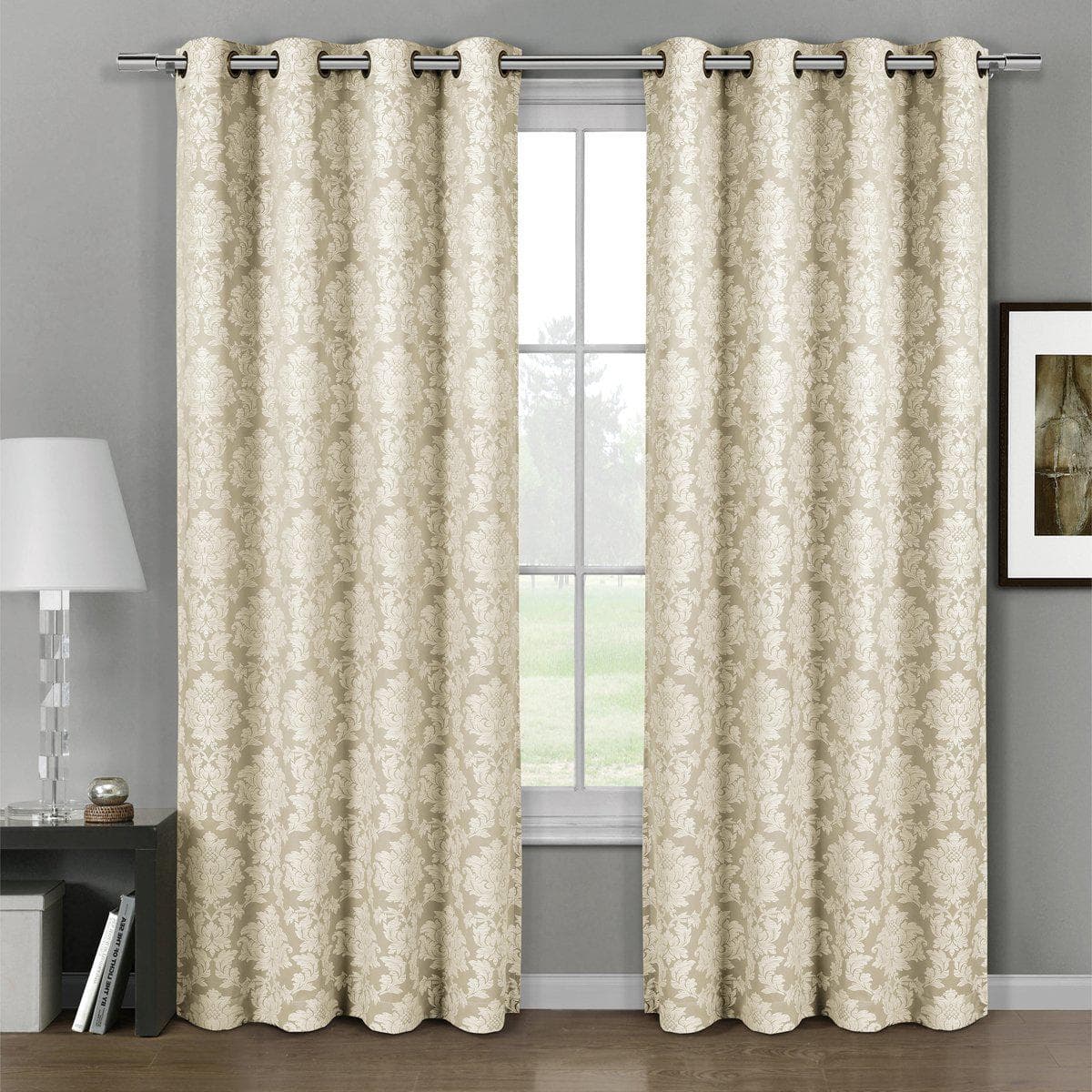 Aryanna Classic Damask Floral Curtains Jacquard Grommet Panels (Set of 2)