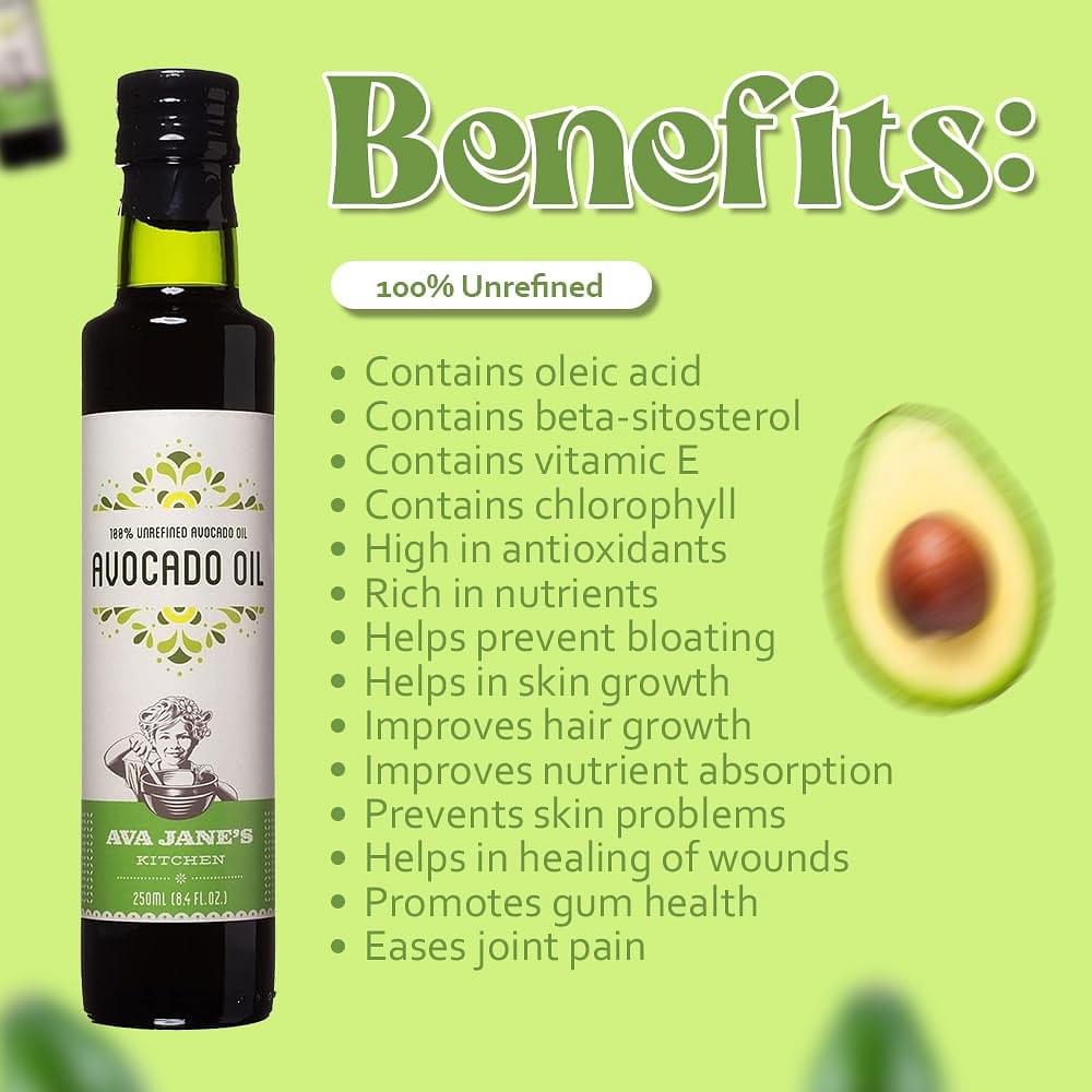 AVA JANE’S KITCHEN Avocado Oil - 100% Unrefined Avocado Oil for Cooking - From Premium Avocados - Organic Avocado Oil, Frying & Baking - Avocado Oil for Skin, Hair (2 Bottle Pack 8.4 fl oz each)