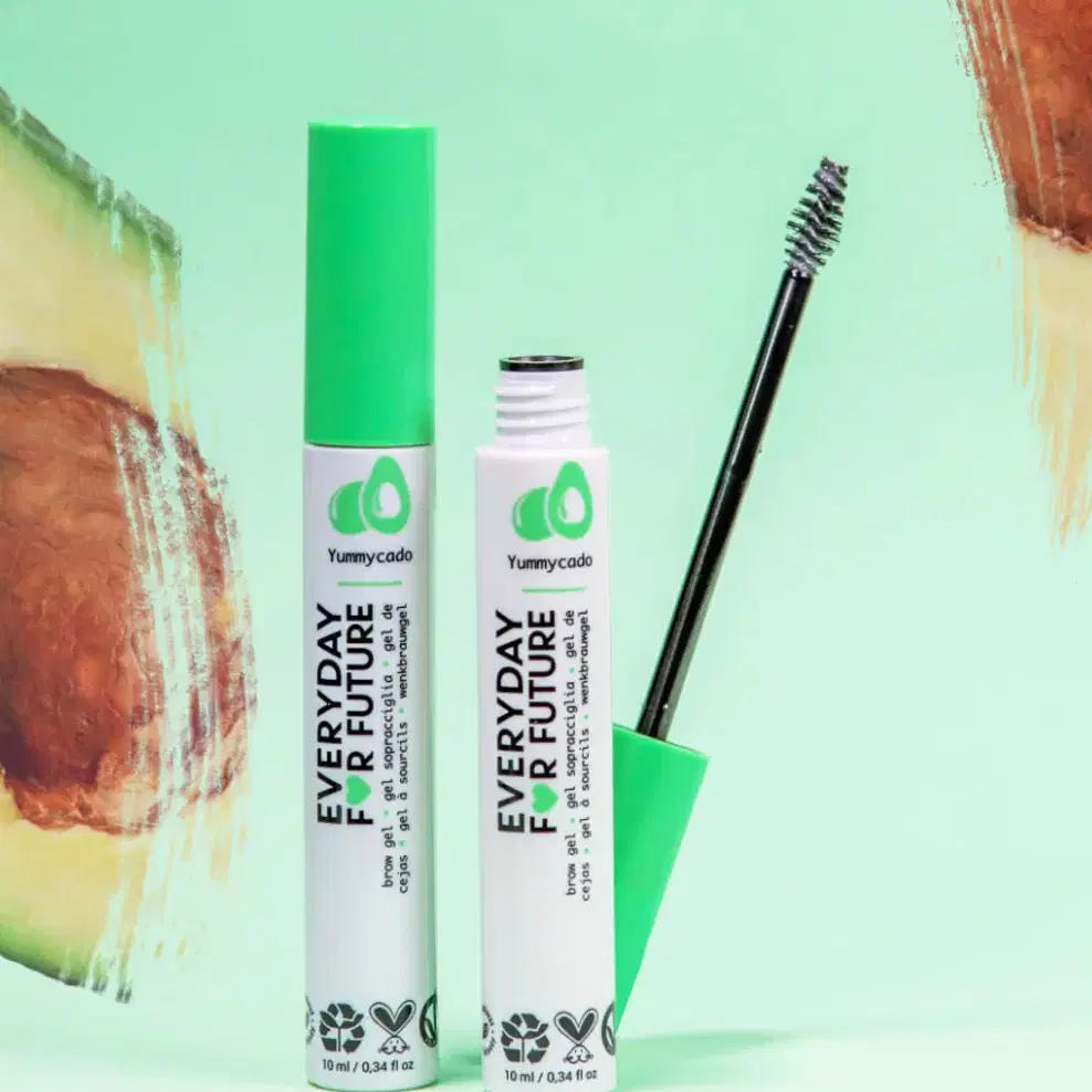 Avocado + Coconut: Eyes & Lips Essentials Bundle: 1 Lengthening Mascara, 1 Eyeliner, 1 Brow Gel, 1 Lip Oil (clear), 1 Lipstick Amaretto