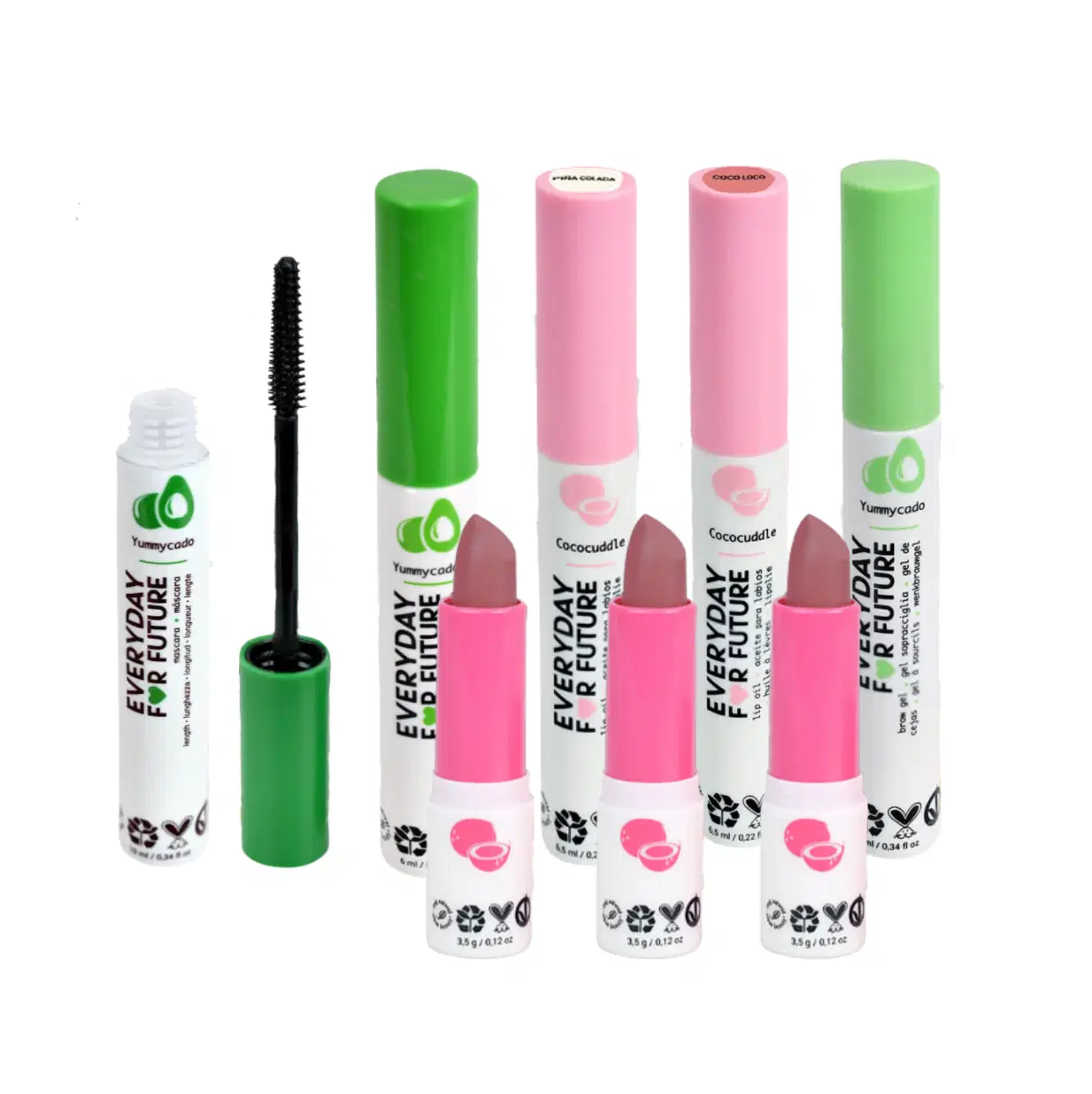 Avocado + Coconut: Eyes & Lips Max Bundle: 1 Lengthening Mascara, 1 Eyeliner, 1 Brow Gel, 2 Lip Oil (1 clear & 1 pink), 3 Lipsticks in Shades Pancake, Red Velvet, and Brownie