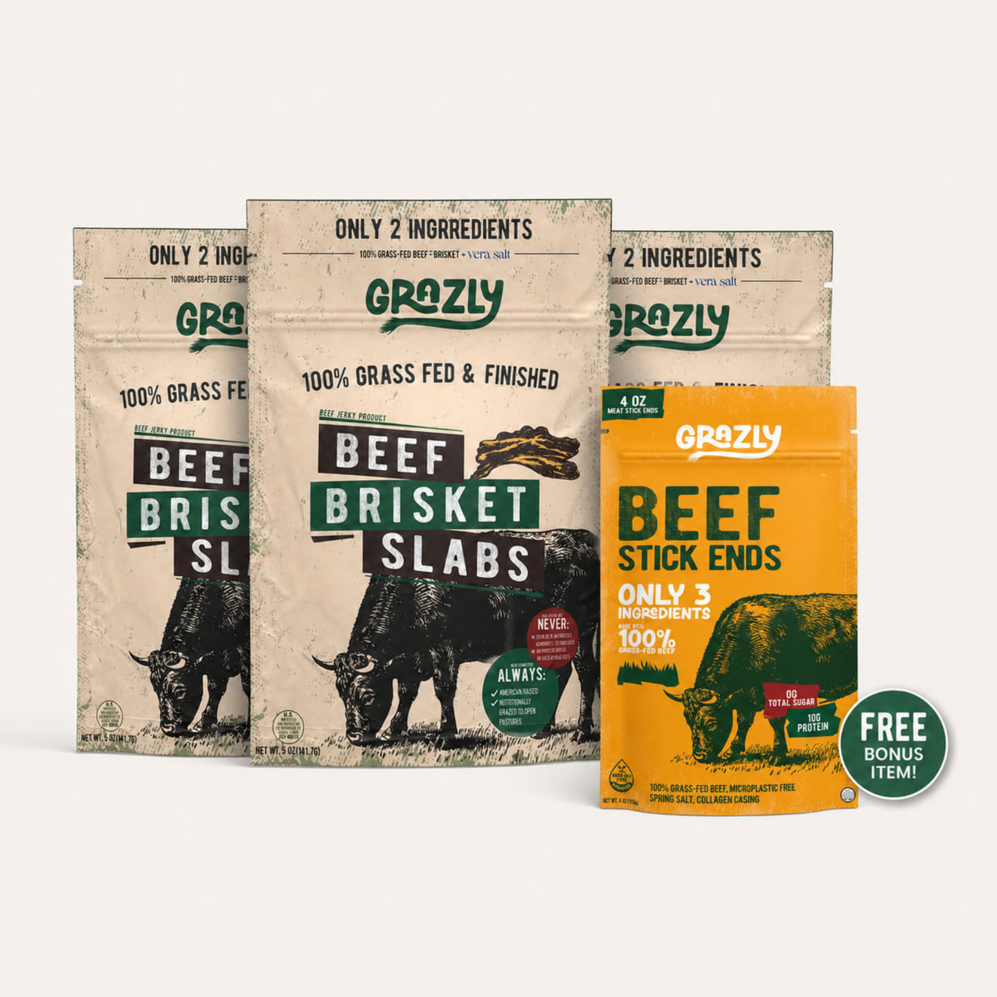 Grazly Stock Up & Snack Free – Buy 3 Beef Brisket Slabs, Get Beef Stick Ends FREE | 100% Grass-Fed & Finished 