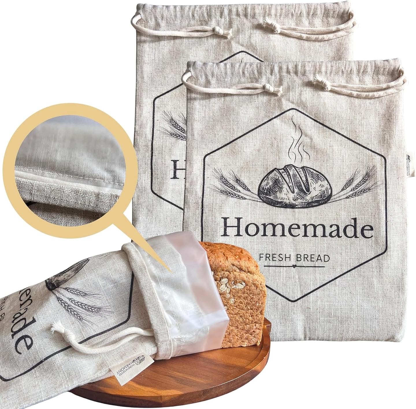 Bread Bags for Homemade Bread | 2 Pack XL Organic Linen Sourdough Bread Bags | Reusable Bread Bags | Homemade Bread Storage | Linen Bread Bag | Bread Storage For Homemade Bread