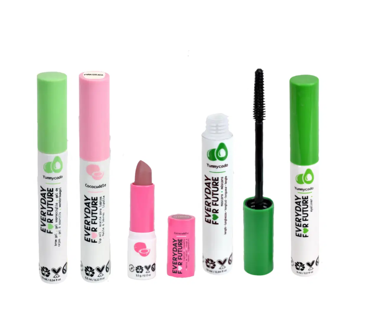 Avocado + Coconut: Eyes & Lips Essentials Bundle: 1 Lengthening Mascara, 1 Eyeliner, 1 Brow Gel, 1 Lip Oil (clear), 1 Lipstick Amaretto