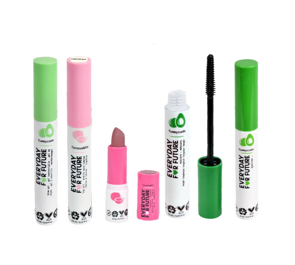 Avocado + Coconut: Eyes & Lips Essentials Bundle: 1 Lengthening Mascara, 1 Eyeliner, 1 Brow Gel, 1 Lip Oil (clear), 1 Lipstick Amaretto