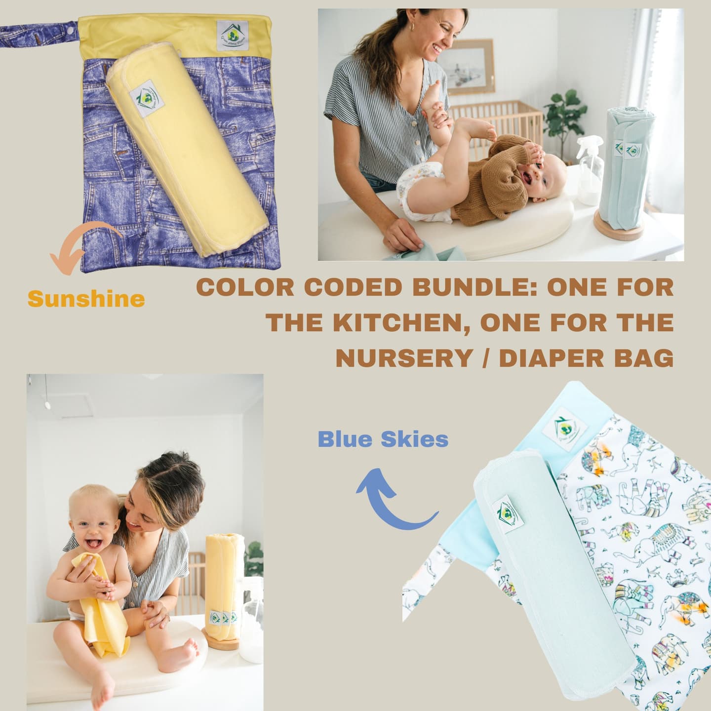 Green Home Mama Bundle Reusable Paper Towels / Baby Wipes / Napkins (29 Pack ea Blue Skies, Sunshine)