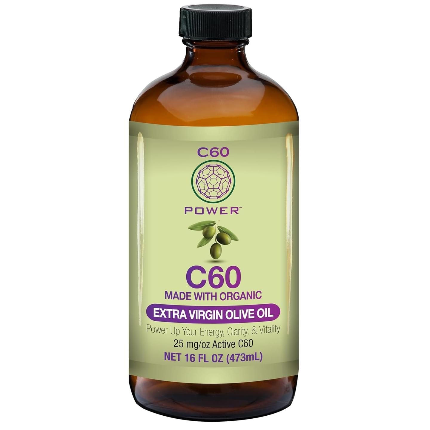 C60 Power C60 in Organic Extra Virgin Olive Oil - Natural Wellness Support for Men & Women, 99.99% Pure Carbon Fullerenes, Promotes Energy, Mental Clarity, & Stamina - 16 fl oz Bottle 16 Fl Oz (Pack of 1)